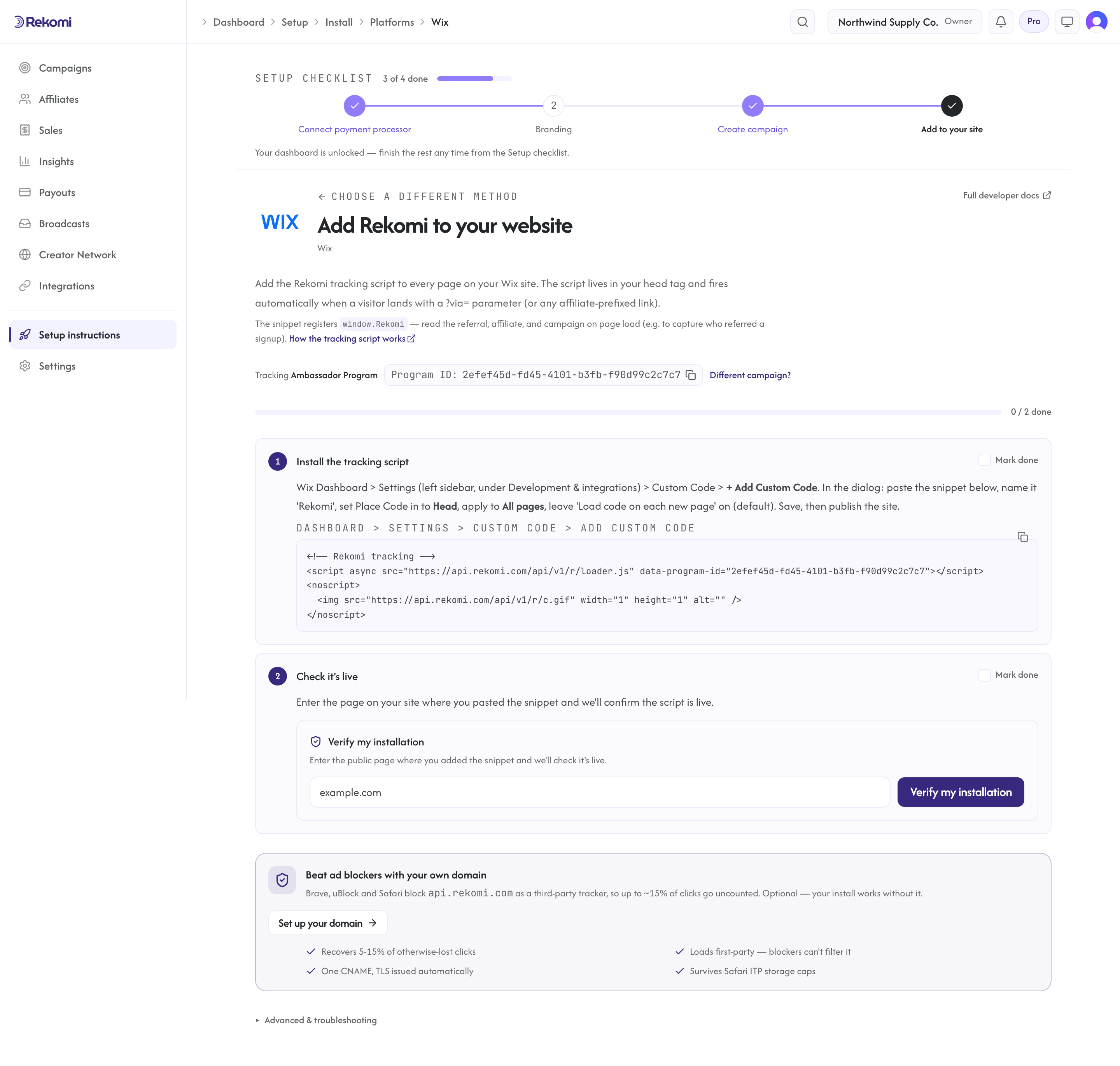 The Wix setup instructions in Rekomi with the tracking snippet prefilled