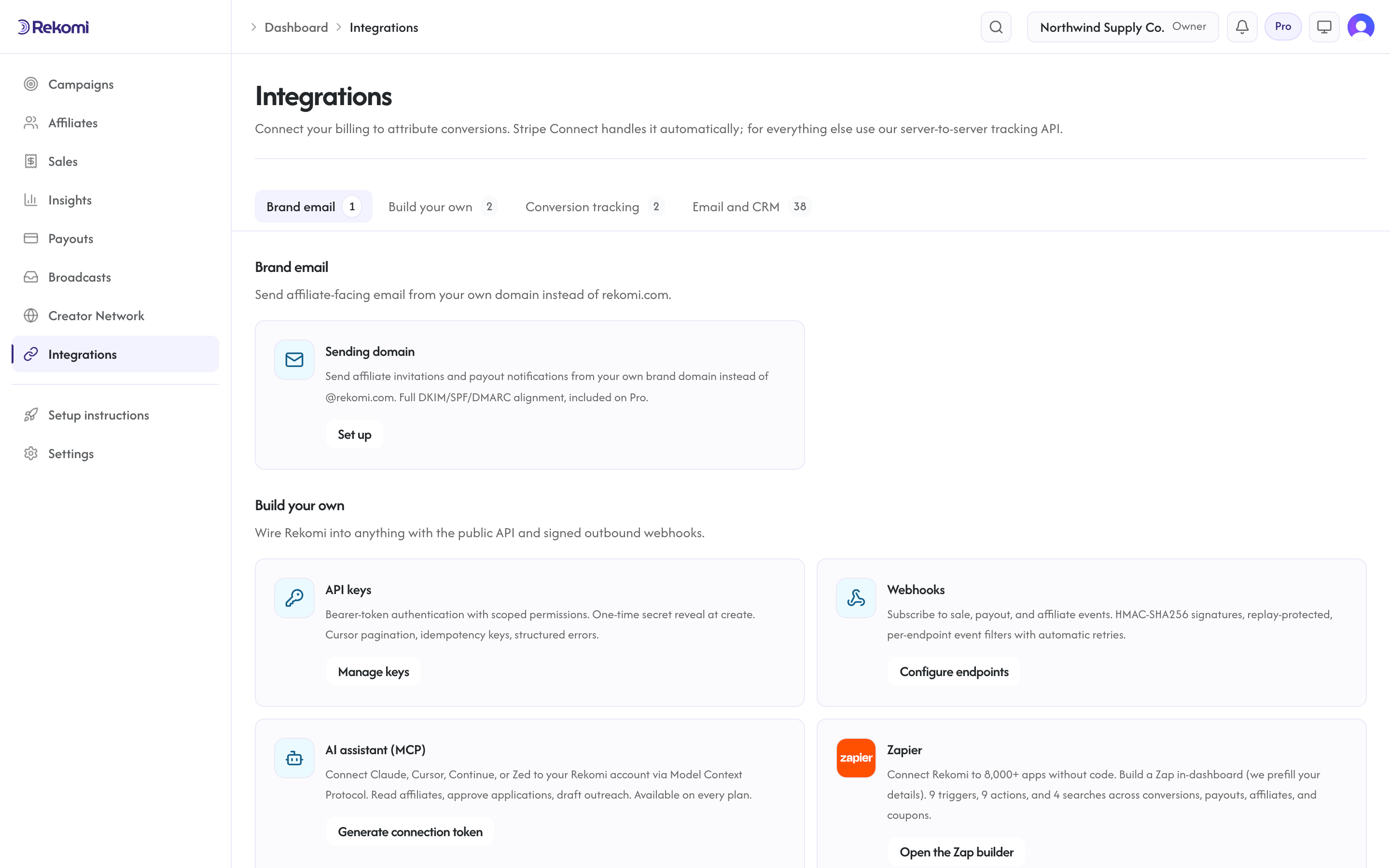 The integrations hub with cards for the sending domain, API keys, webhooks, the AI assistant, and Zapier
