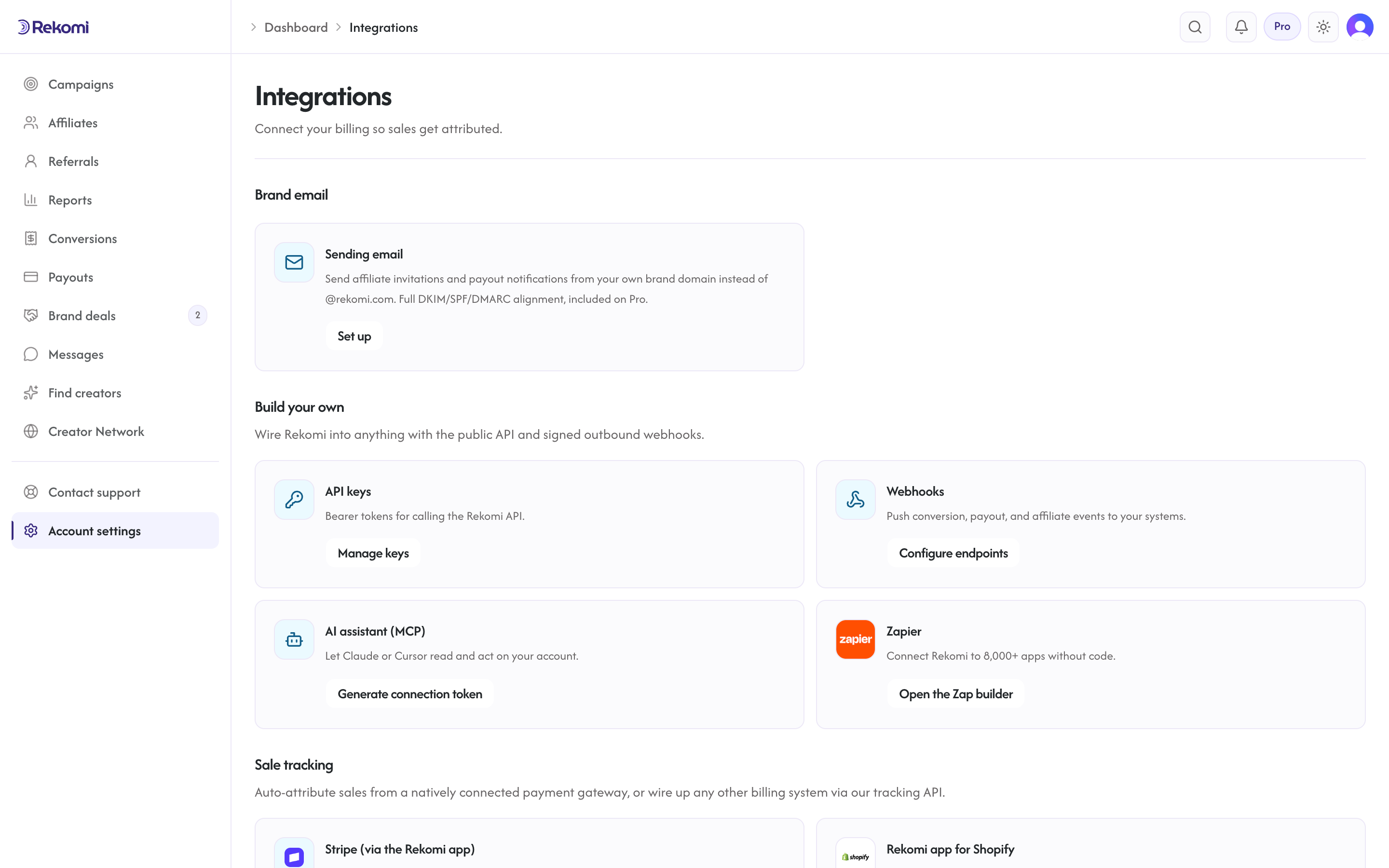 The integrations hub with cards for the sending domain, API keys, webhooks, the AI assistant, and Zapier