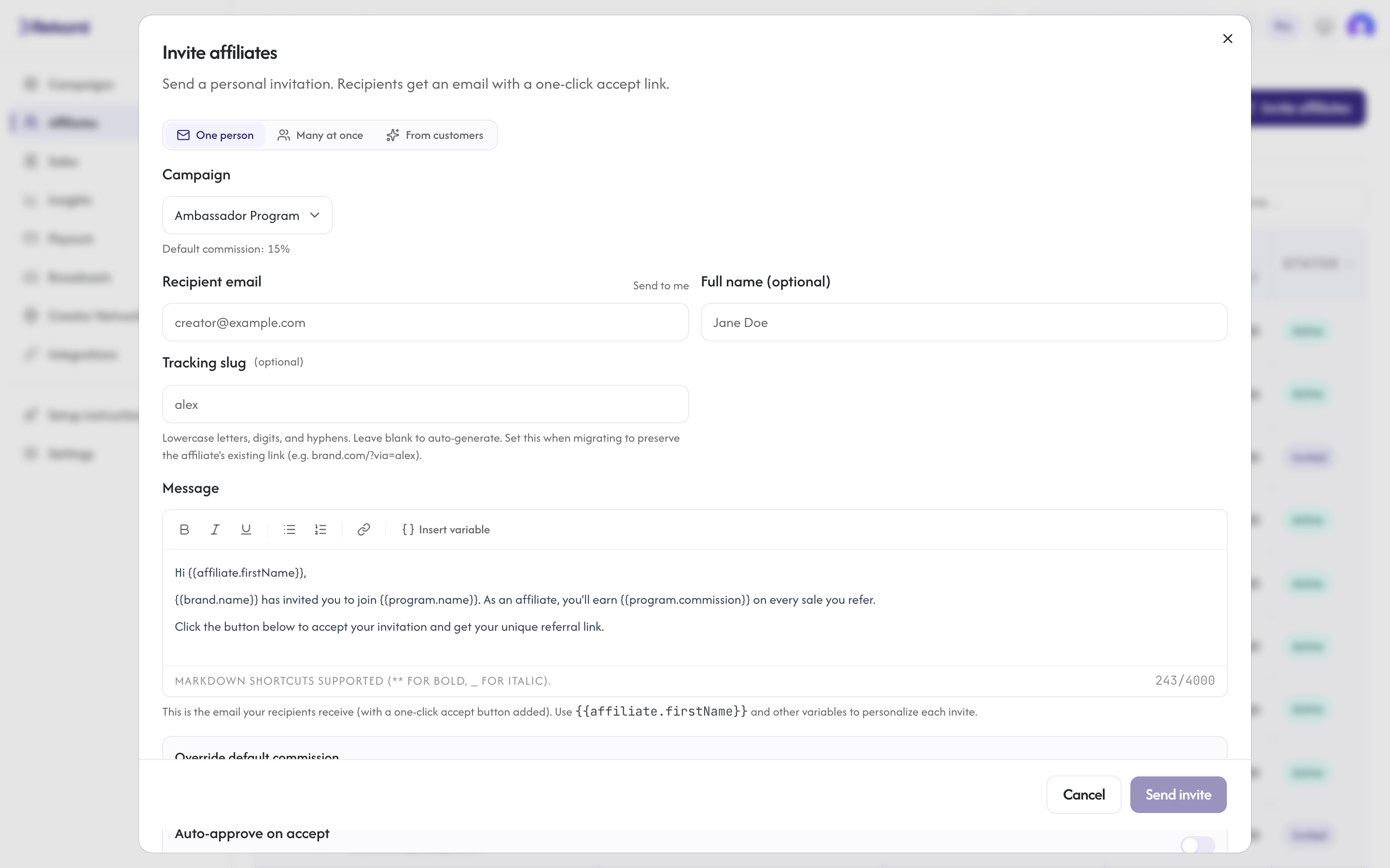 The invite affiliates modal with email, campaign, personal note, and commission override fields