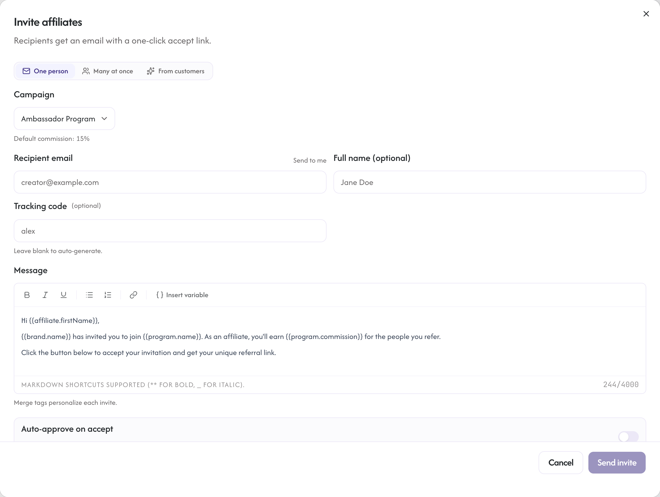 The invite affiliates modal with email, campaign, personal note, and commission override fields