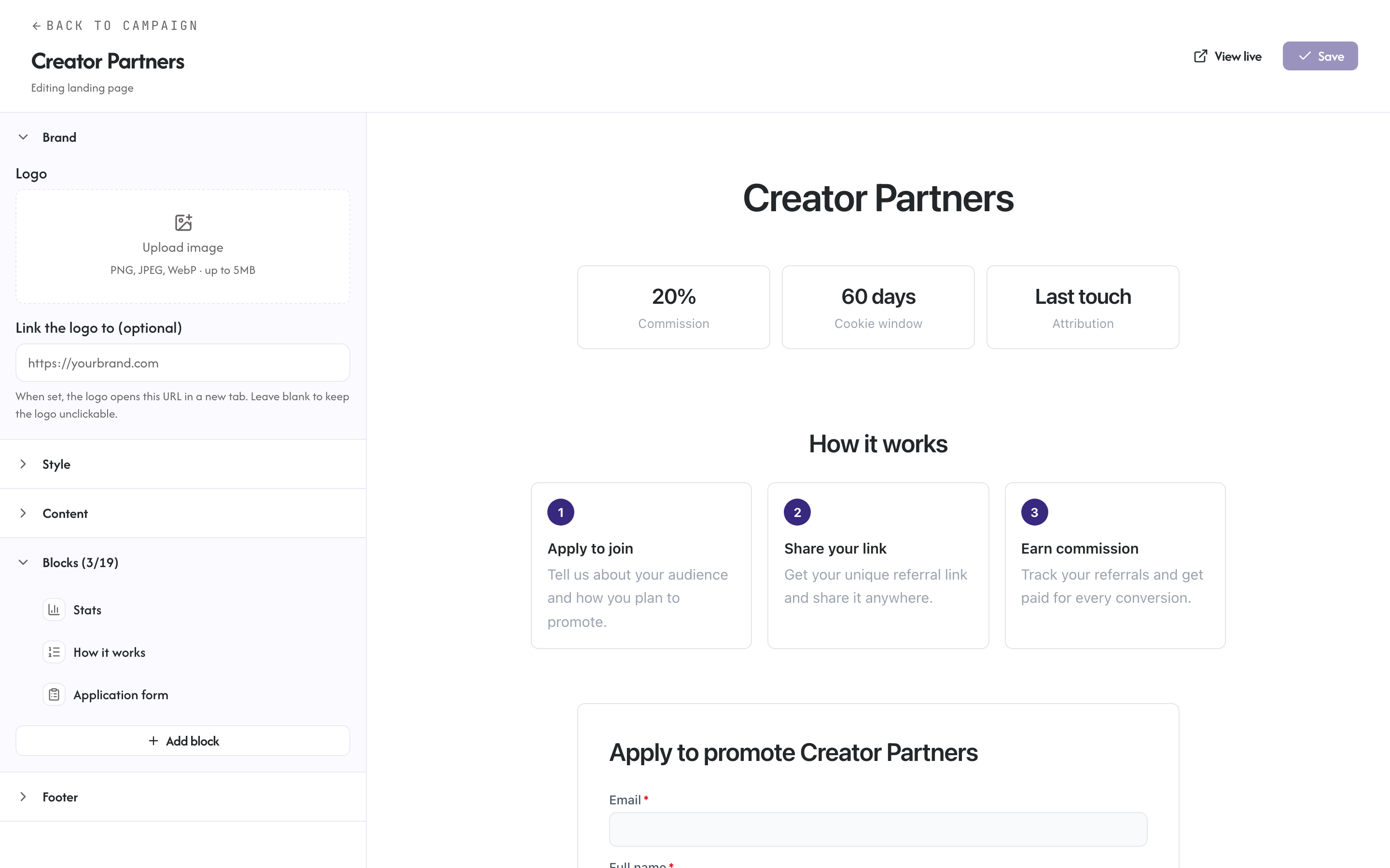 The landing page editor where you customize the application form and page content