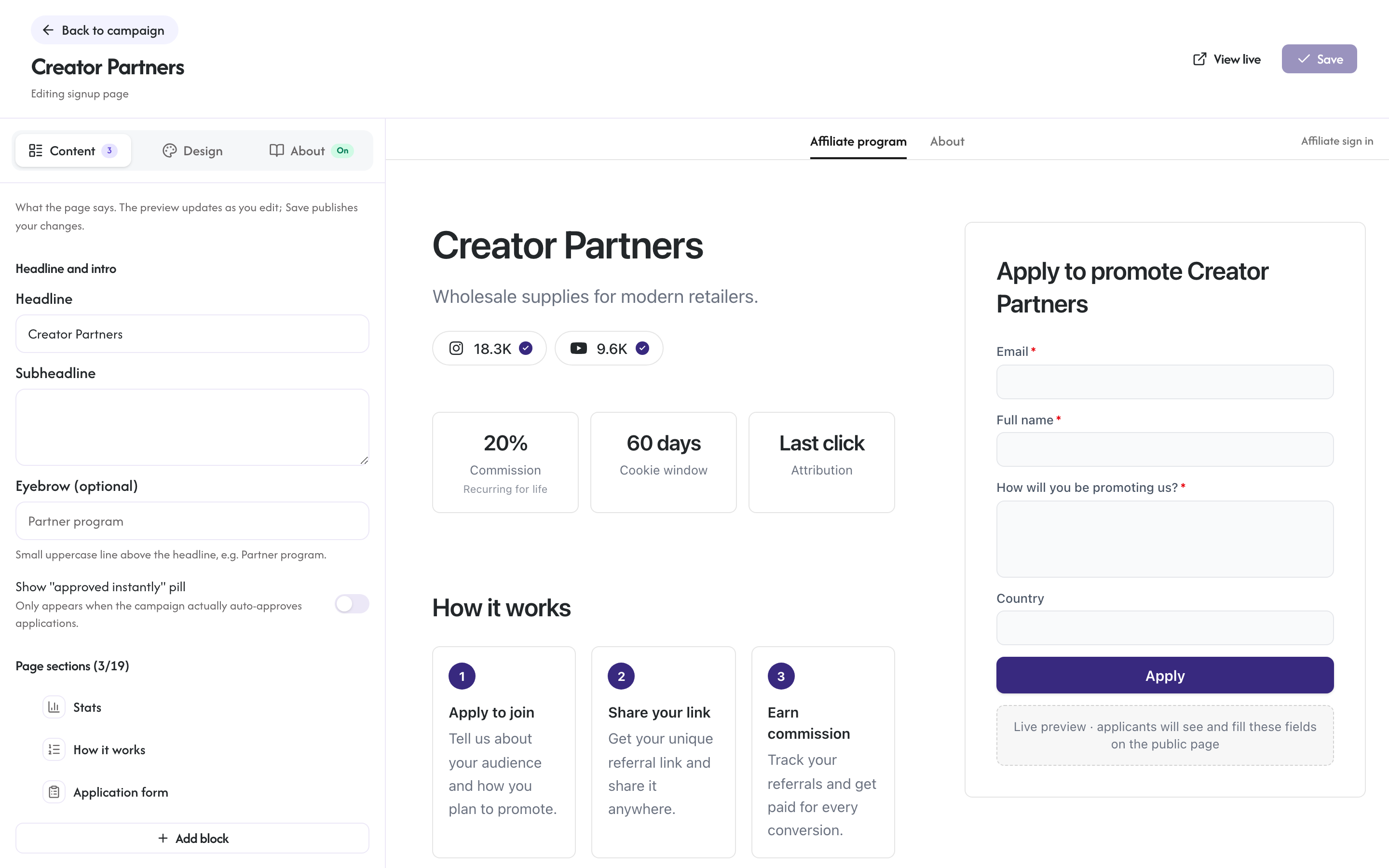 The landing page editor where you customize the application form and page content