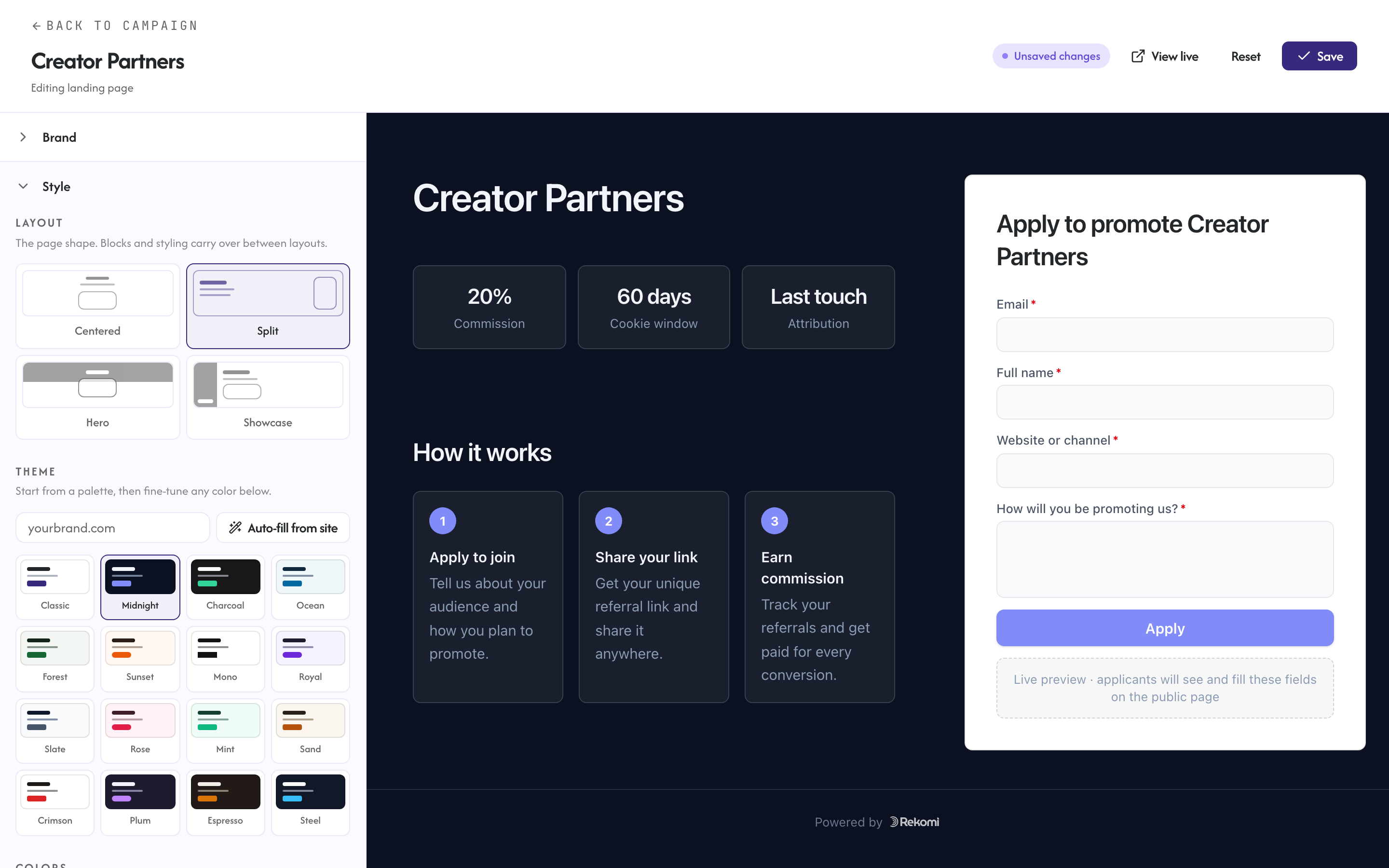 The editor preview showing a split layout with a dark theme preset applied