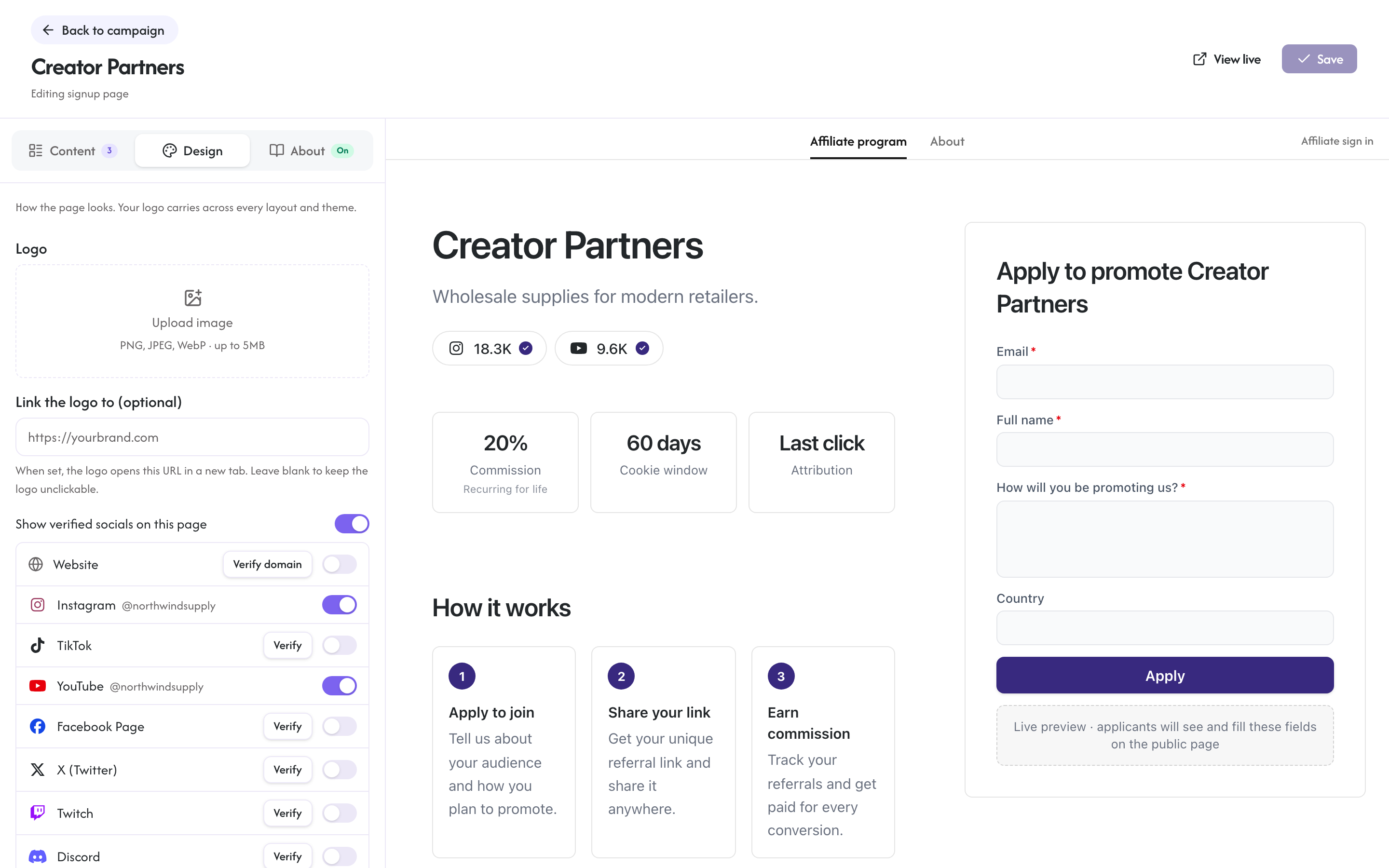 The editor's Design tab with the verified socials controls beside the live preview