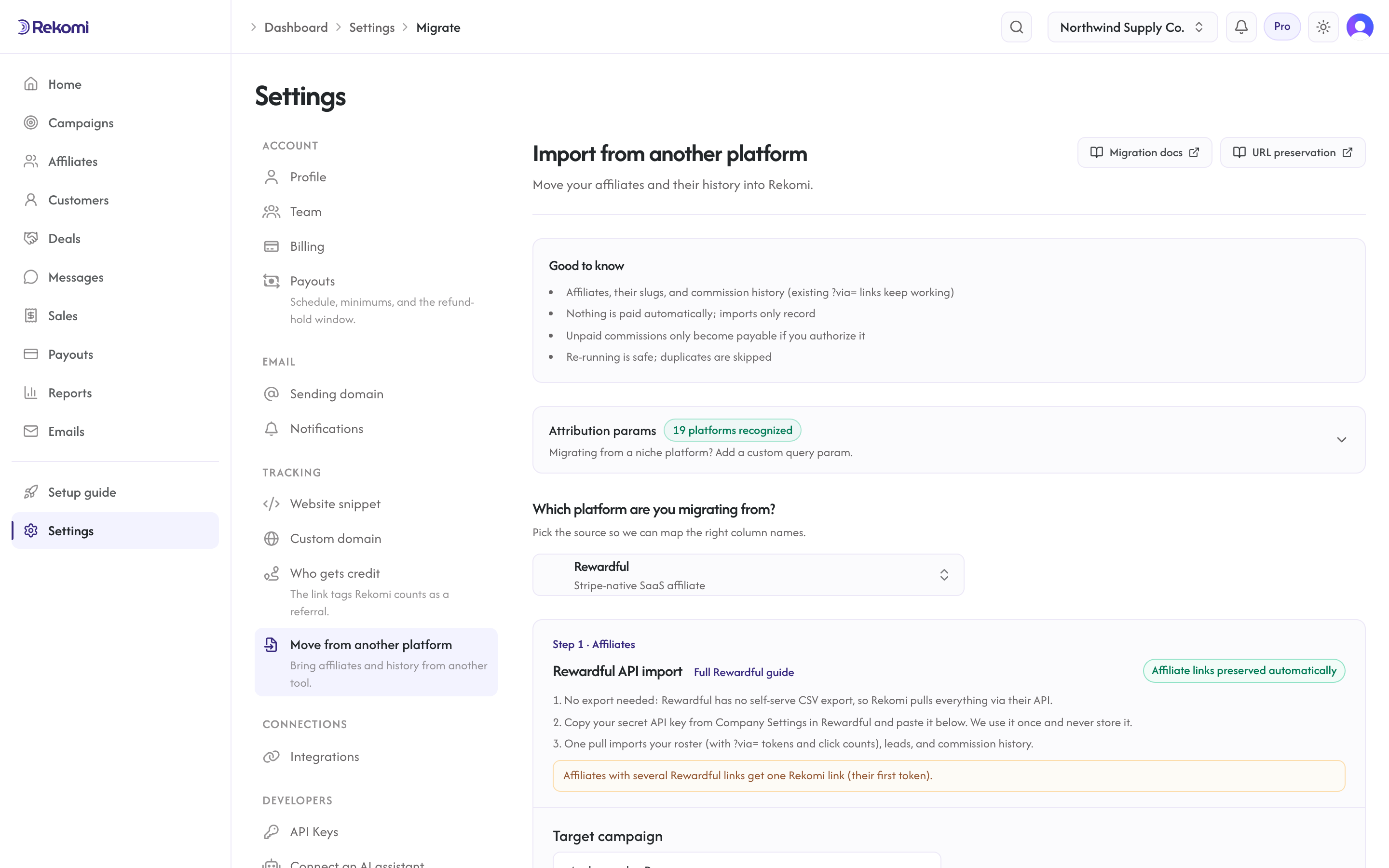 The Import from another platform page under Settings, Migrate: a tile for each supported source platform with the Rewardful API import selected