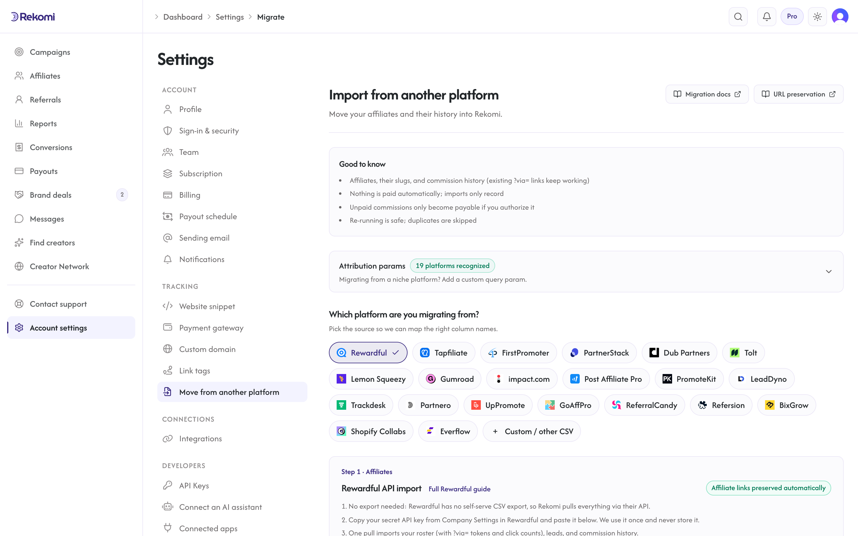 The Import from another platform page under Settings, Migrate: a tile for each supported source platform with the Rewardful API import selected