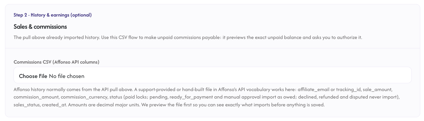 Step 2 under Settings, Migrate for Affonso: the commissions CSV upload in Affonso's API columns, previewed before anything is saved