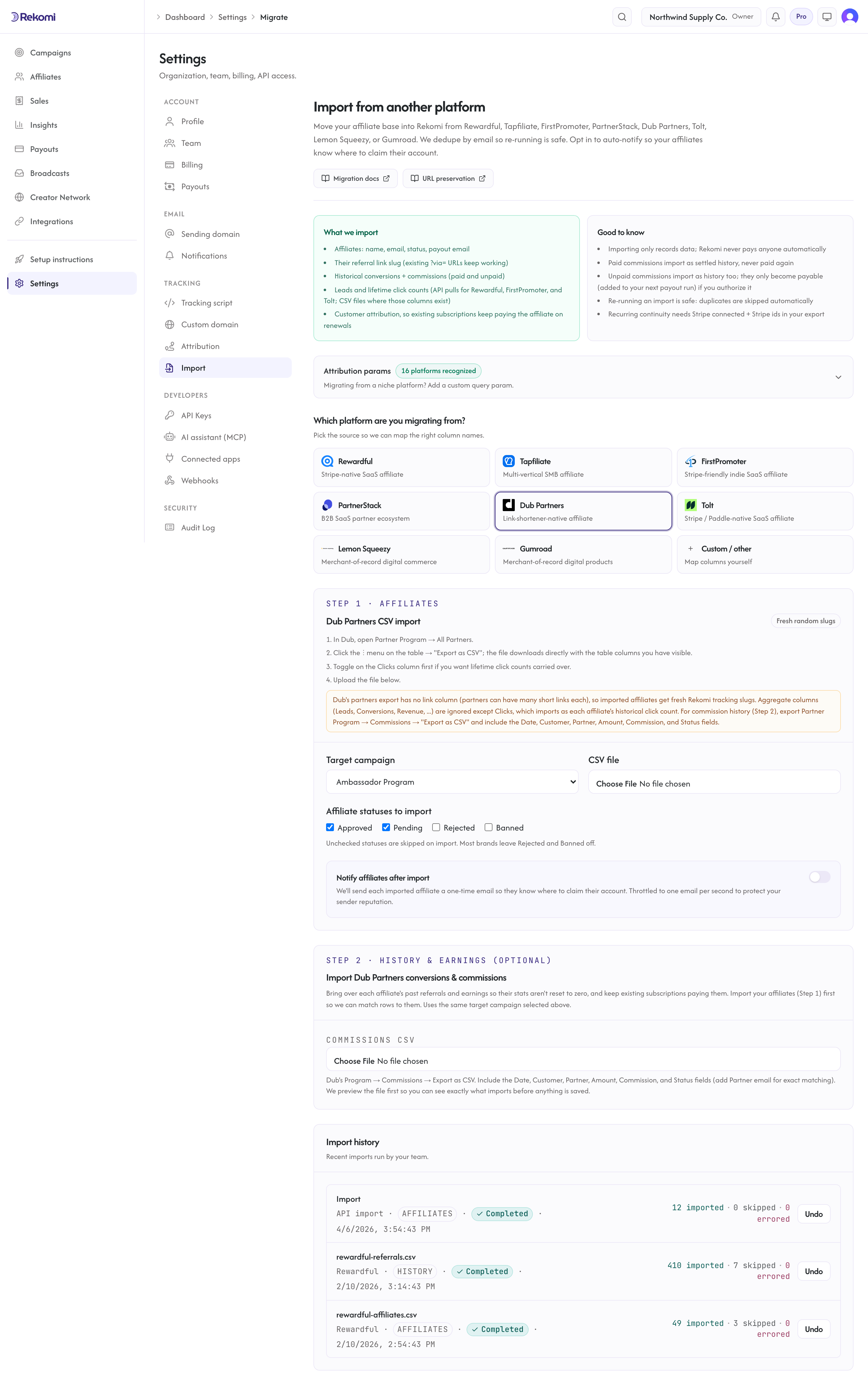The Dub Partners import step in Rekomi with the kebab-menu export steps, the target campaign select, and the CSV file input