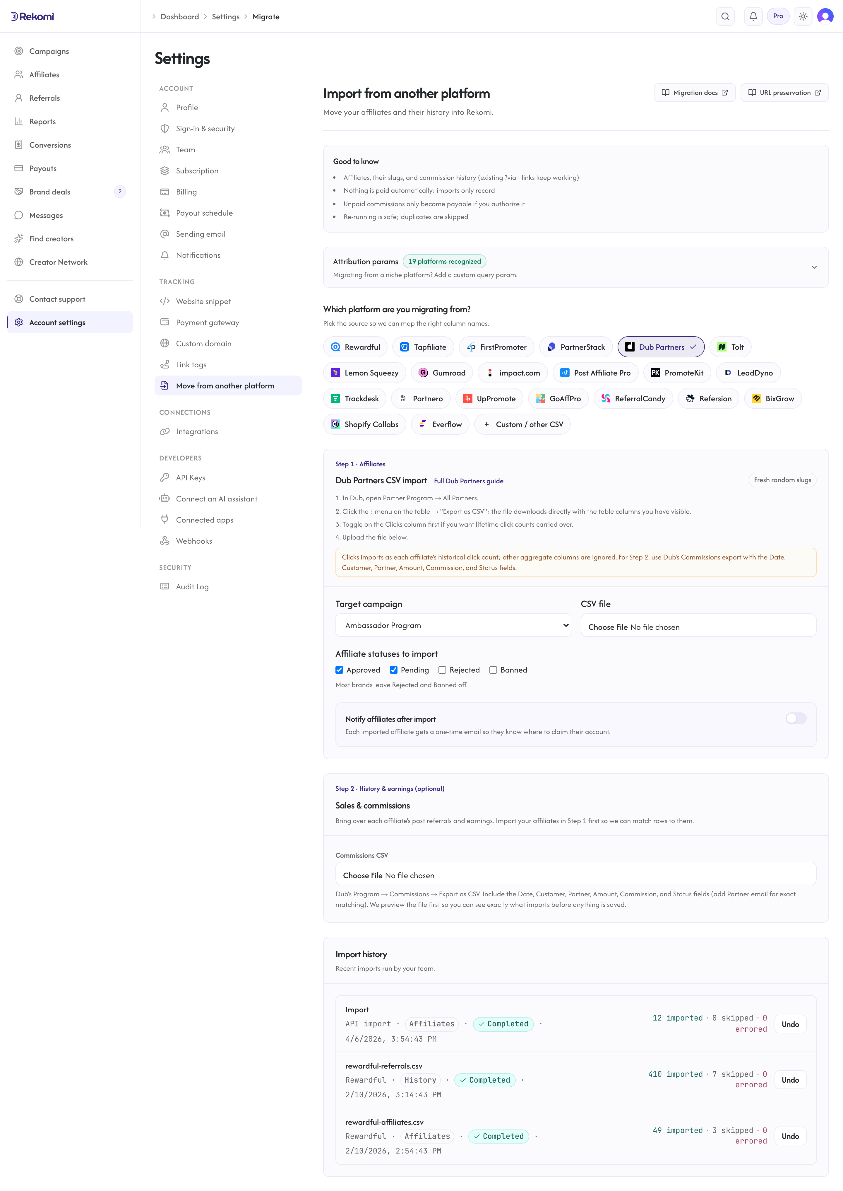 The Dub Partners import step in Rekomi with the kebab-menu export steps, the target campaign select, and the CSV file input
