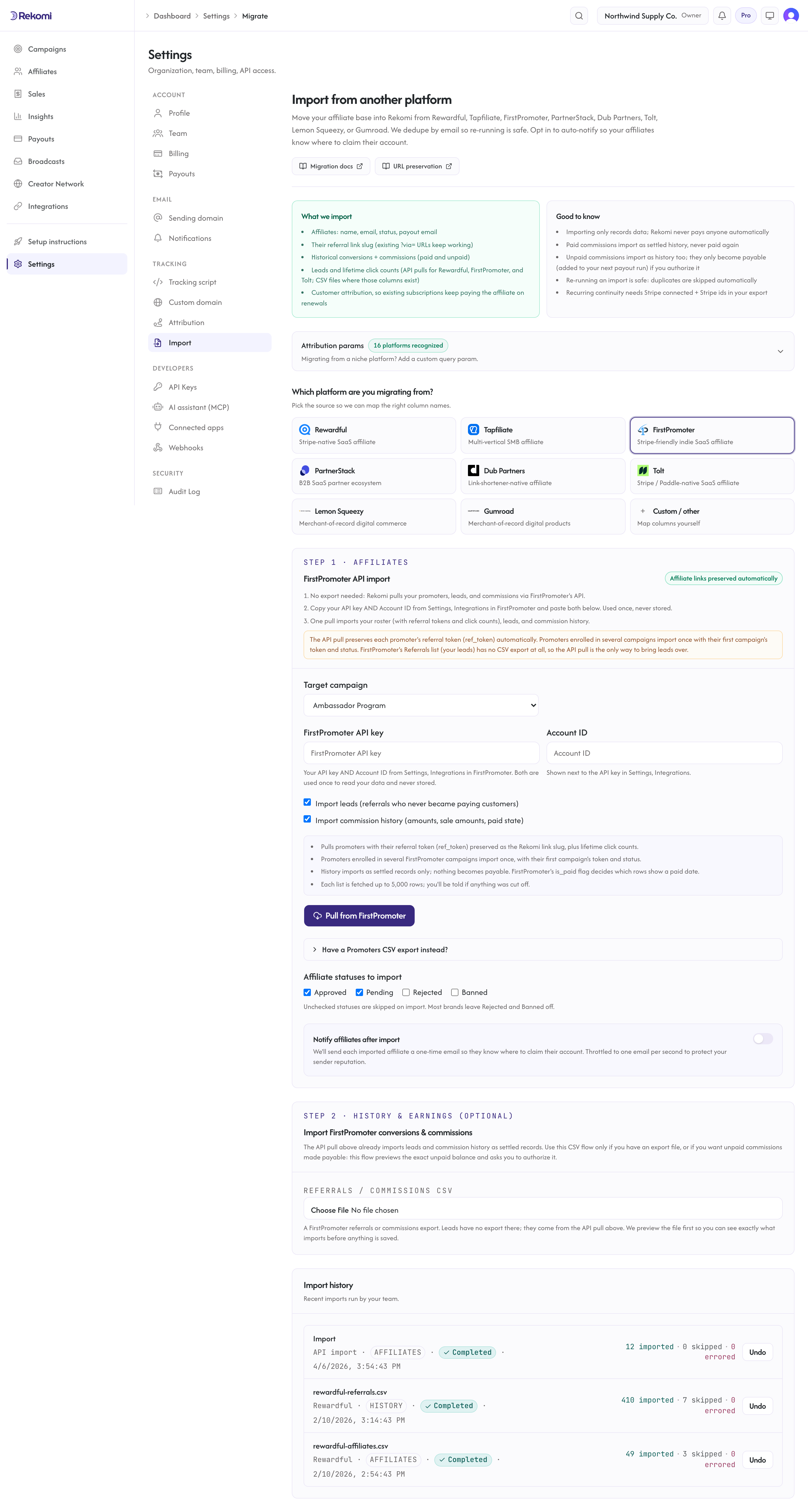 The FirstPromoter import step in Rekomi with the API key and Account ID fields and the Pull from FirstPromoter button