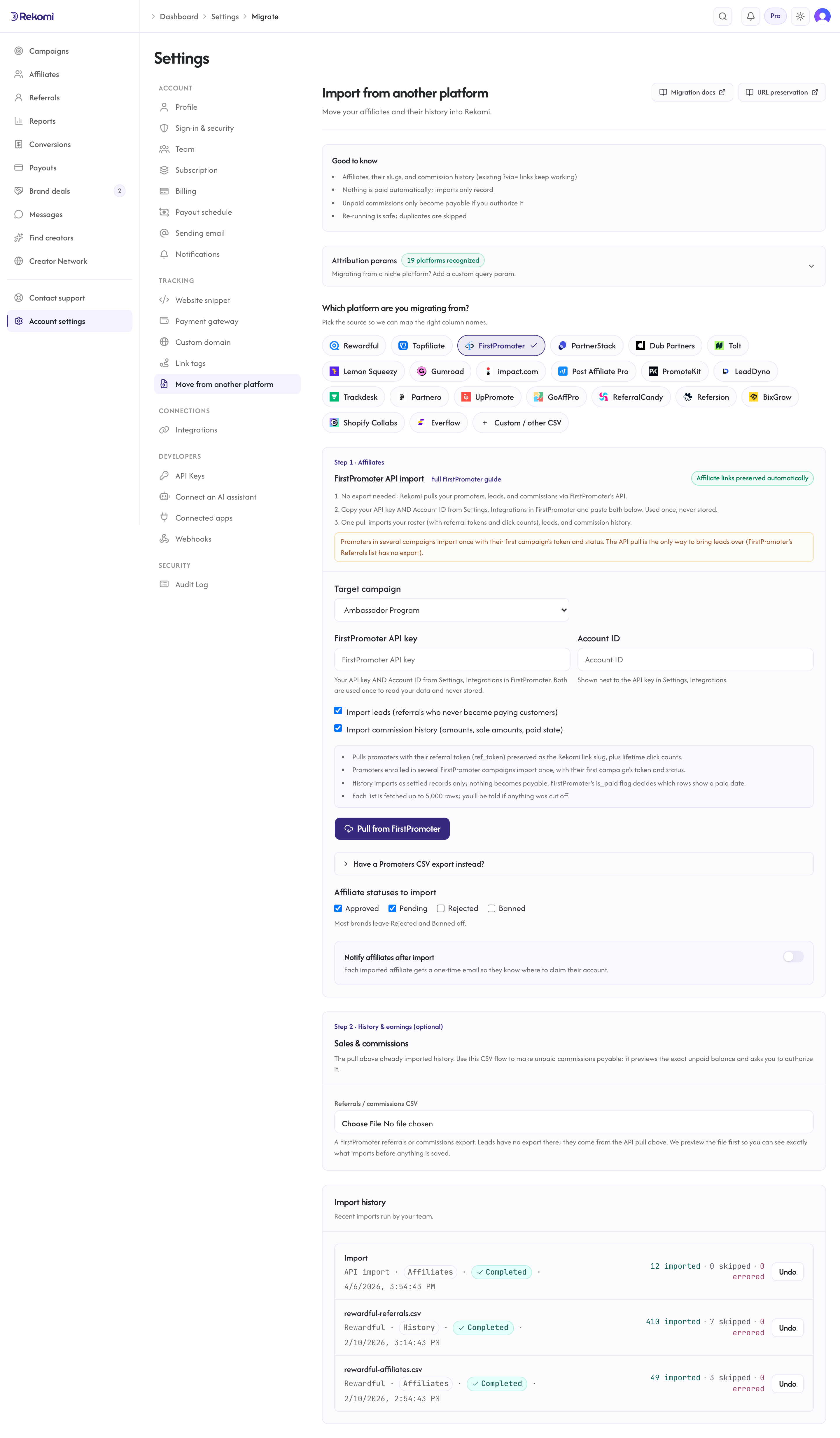 The FirstPromoter import step in Rekomi with the API key and Account ID fields and the Pull from FirstPromoter button