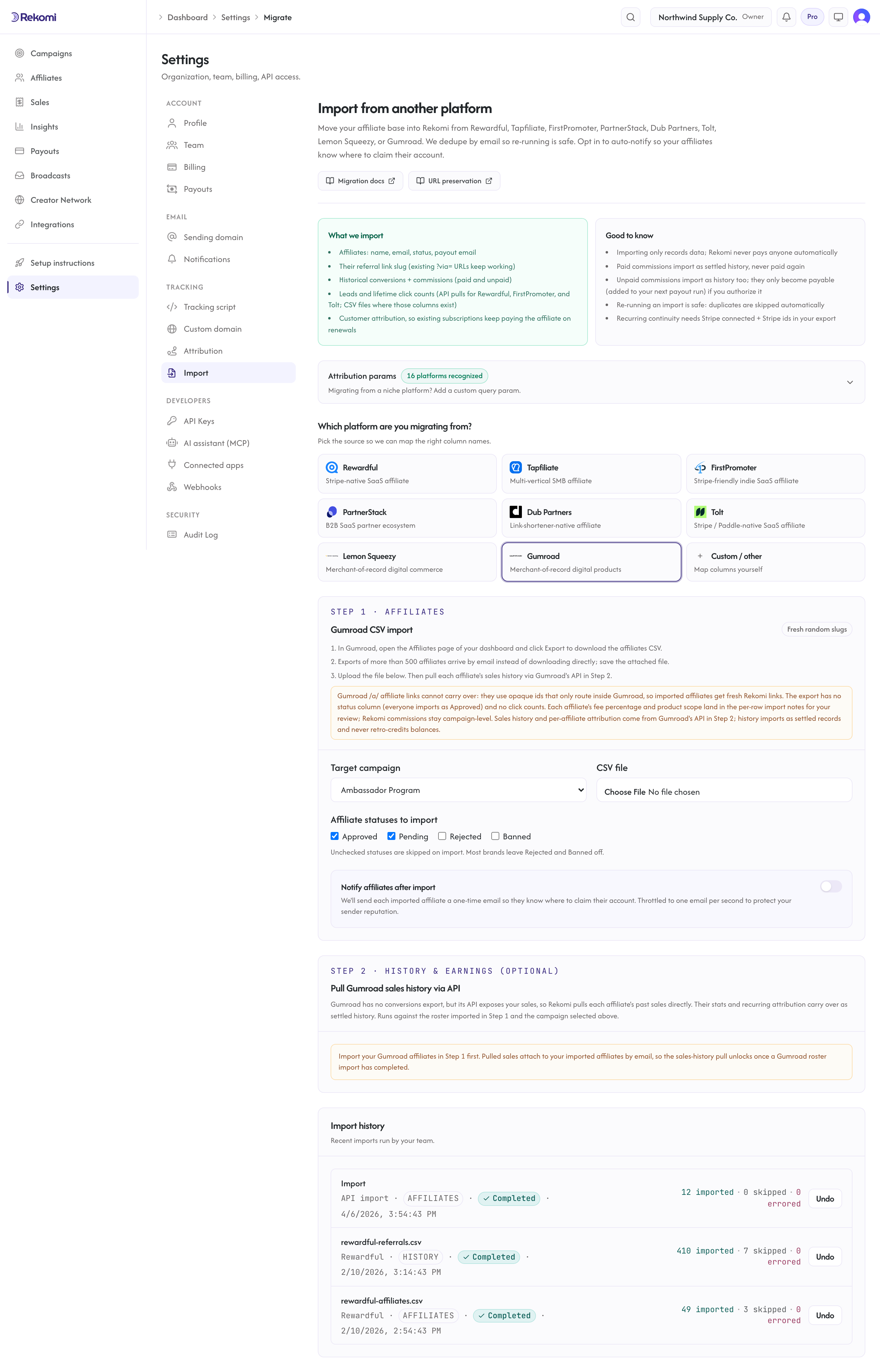 The Gumroad import step in Rekomi with the roster CSV upload in Step 1 and the Gumroad sales history API pull in Step 2