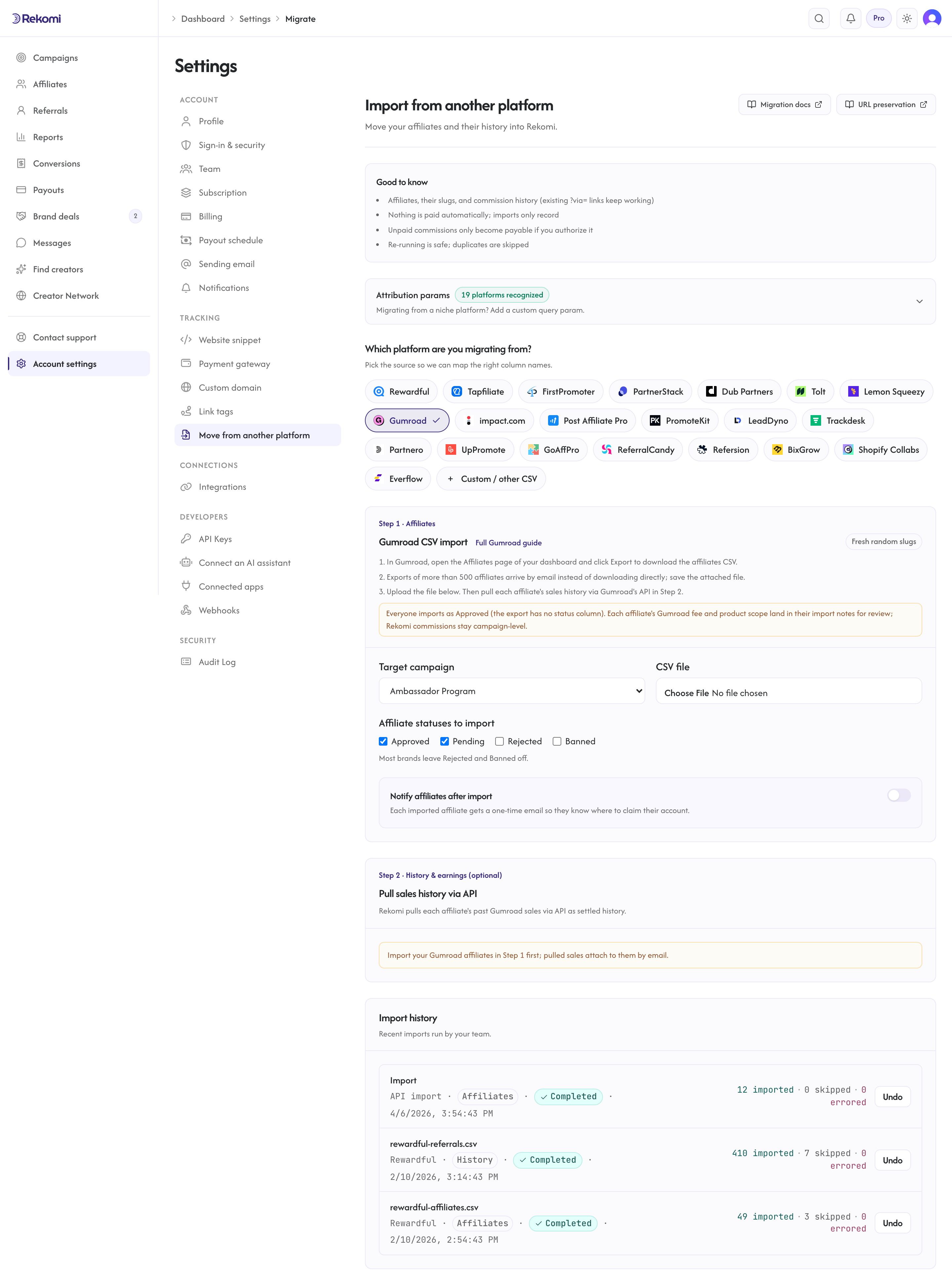 The Gumroad import step in Rekomi with the roster CSV upload in Step 1 and the Gumroad sales history API pull in Step 2