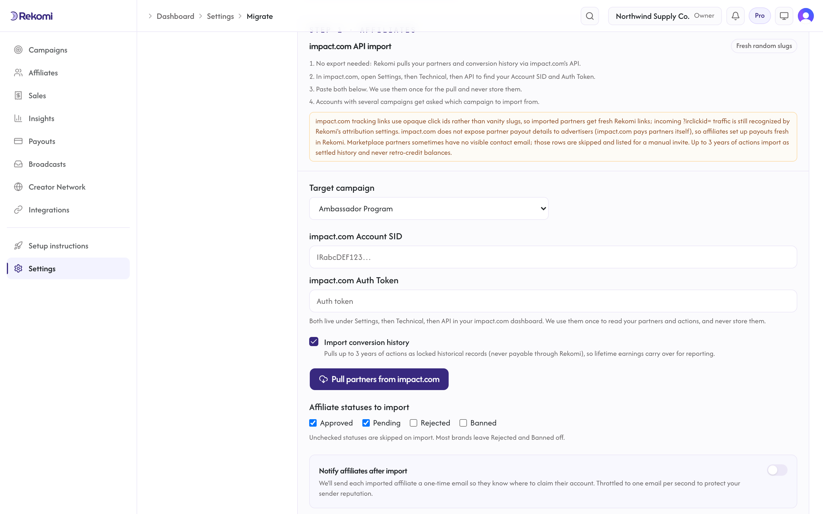 The impact.com import step in Rekomi with the Account SID and Auth Token fields, the Import conversion history checkbox, and the Pull partners from impact.com button