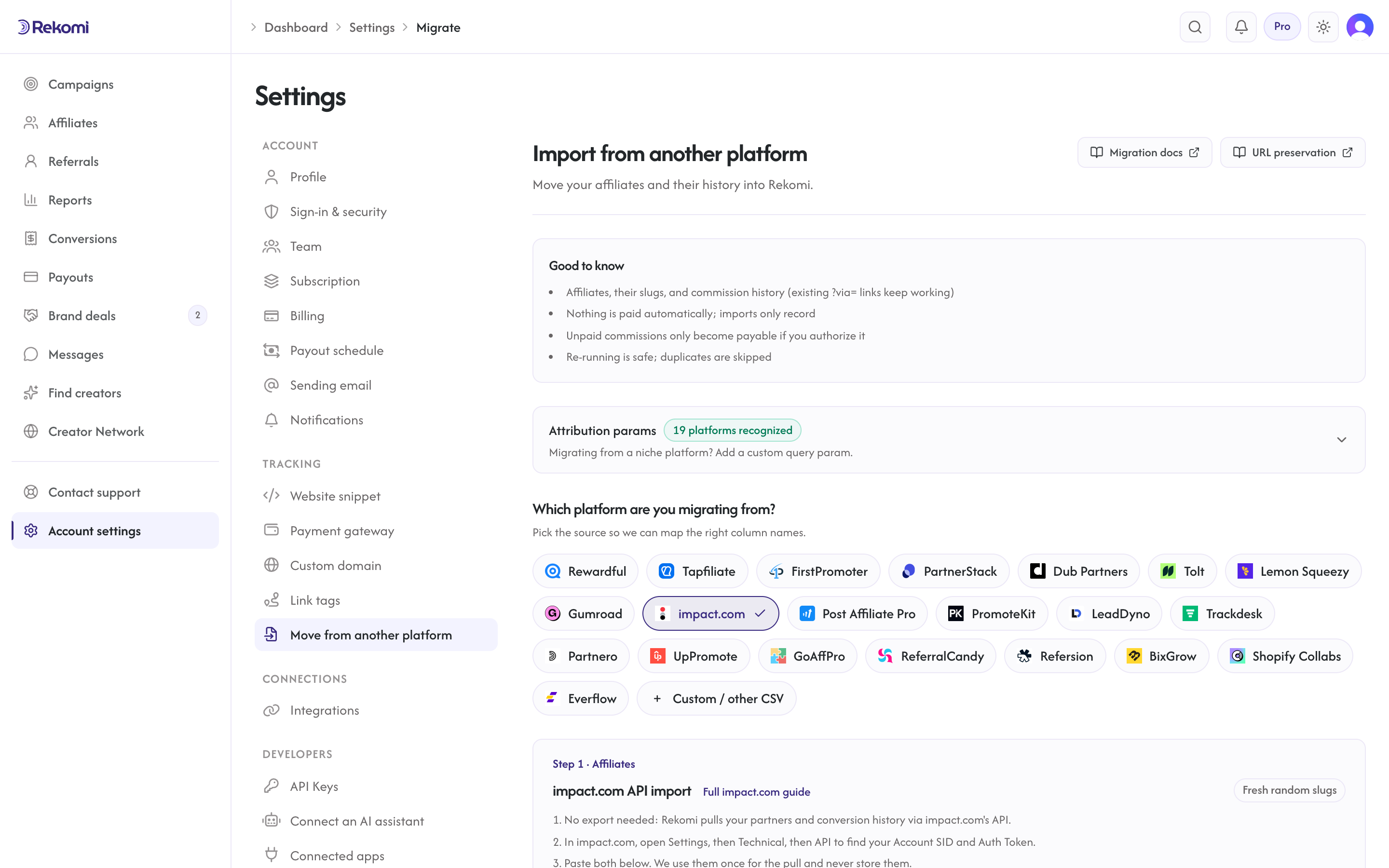 The impact.com import step in Rekomi with the Account SID and Auth Token fields, the Import conversion history checkbox, and the Pull partners from impact.com button