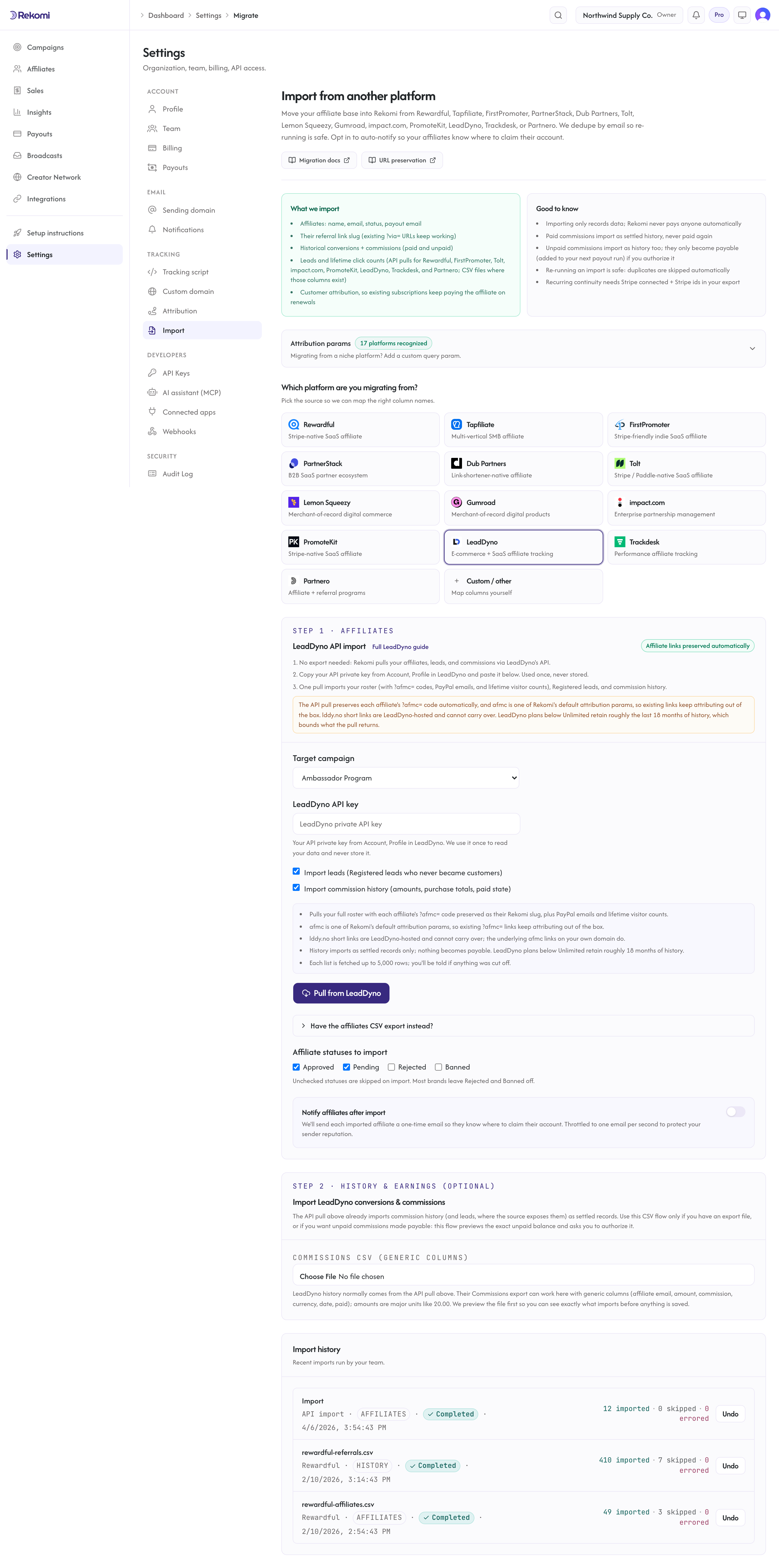 The LeadDyno import step in Rekomi with the private API key field, the leads and history toggles, and the Pull from LeadDyno button