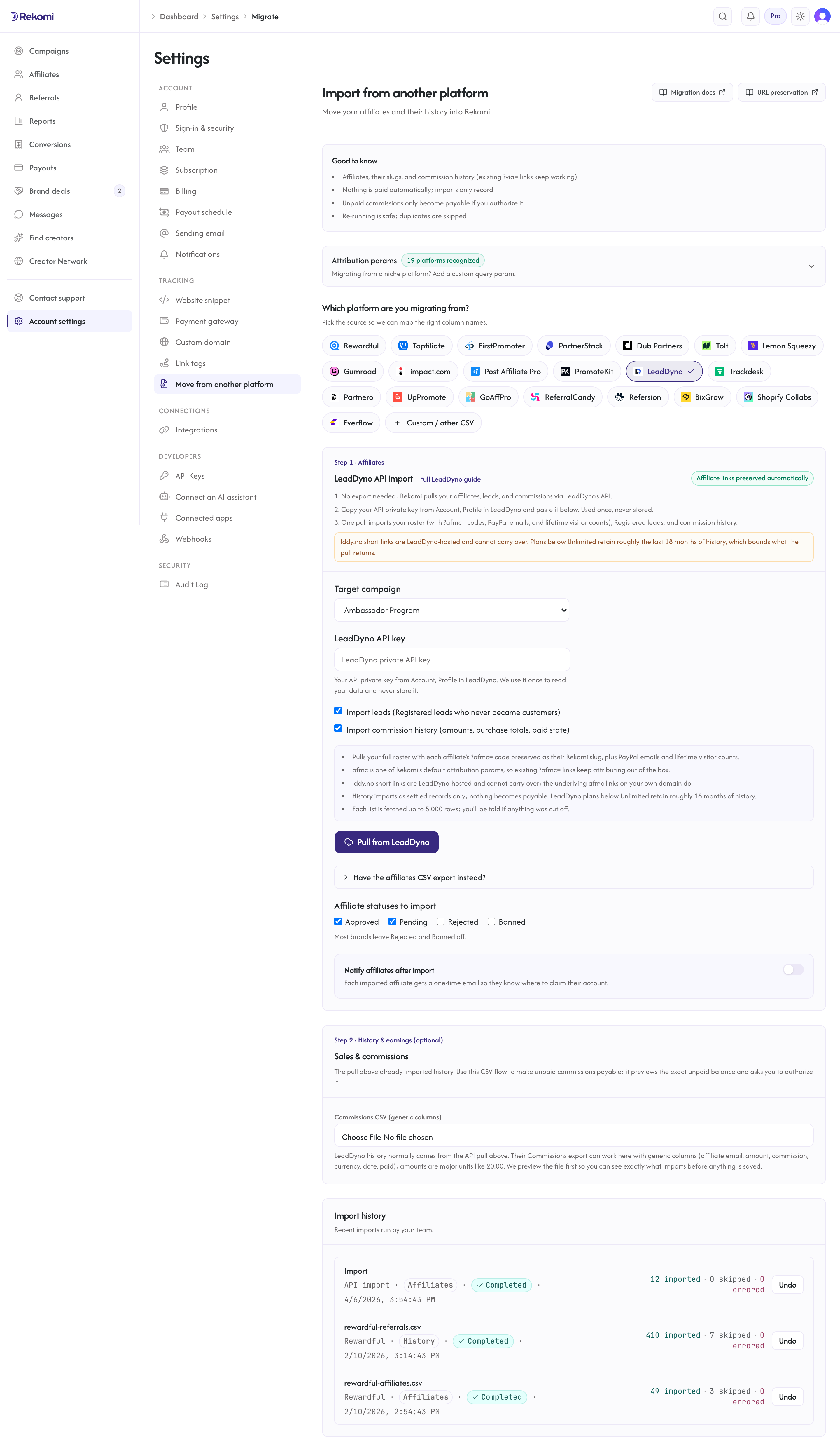 The LeadDyno import step in Rekomi with the private API key field, the leads and history toggles, and the Pull from LeadDyno button