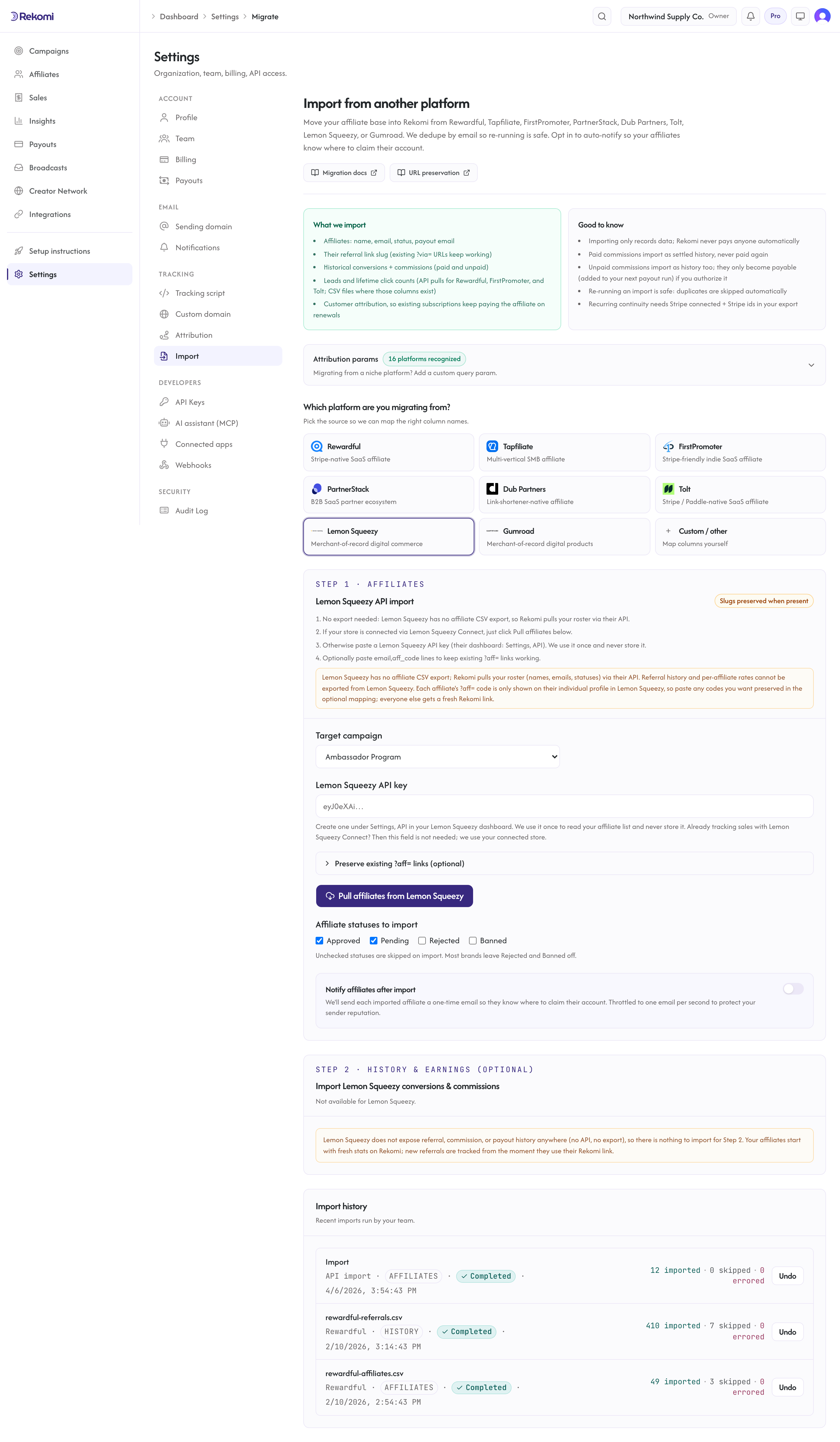 The Lemon Squeezy import step in Rekomi with the API key field, the optional preserve existing ?aff= links mapping, and the Pull affiliates from Lemon Squeezy button