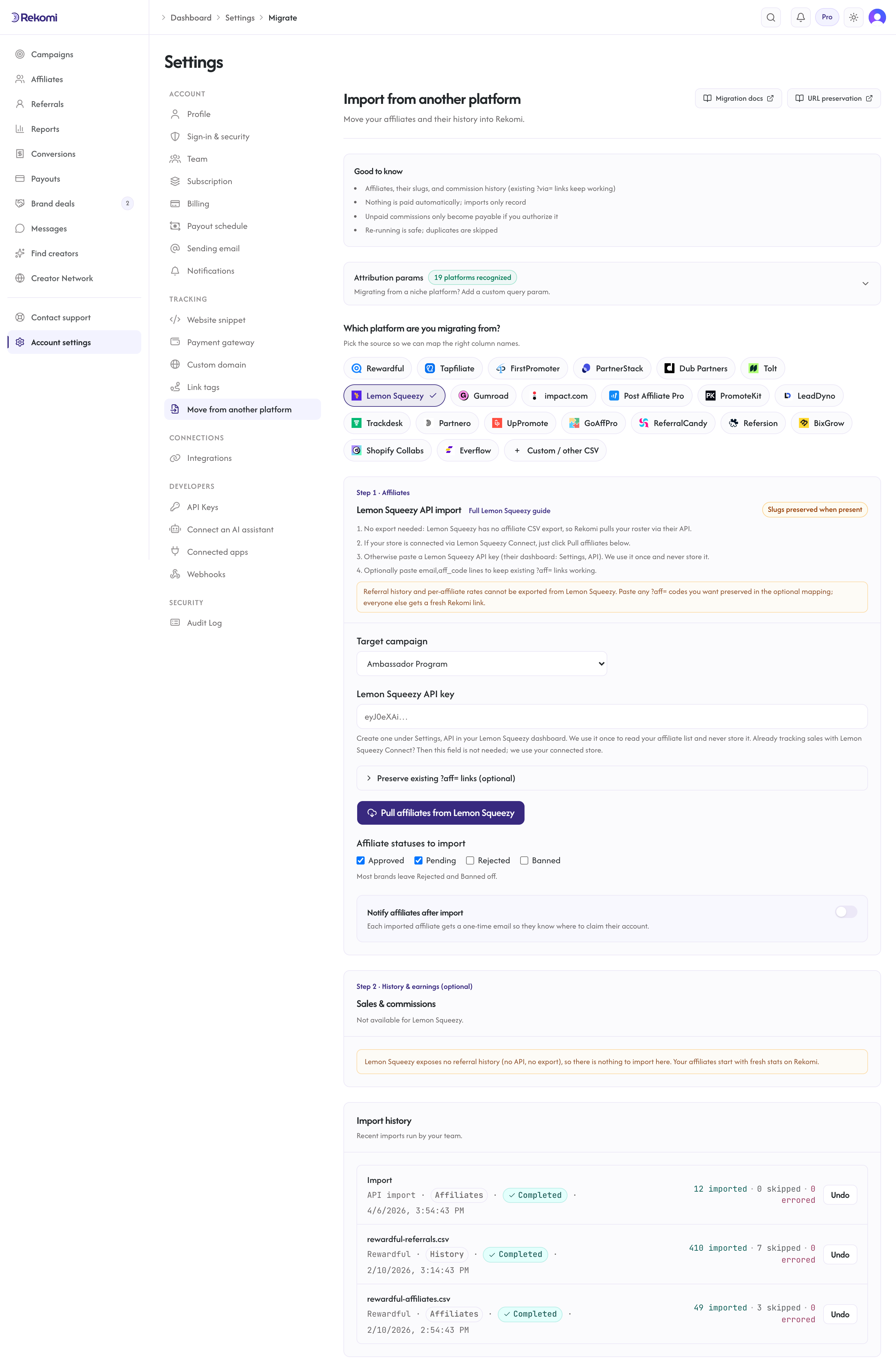 The Lemon Squeezy import step in Rekomi with the API key field, the optional preserve existing ?aff= links mapping, and the Pull affiliates from Lemon Squeezy button