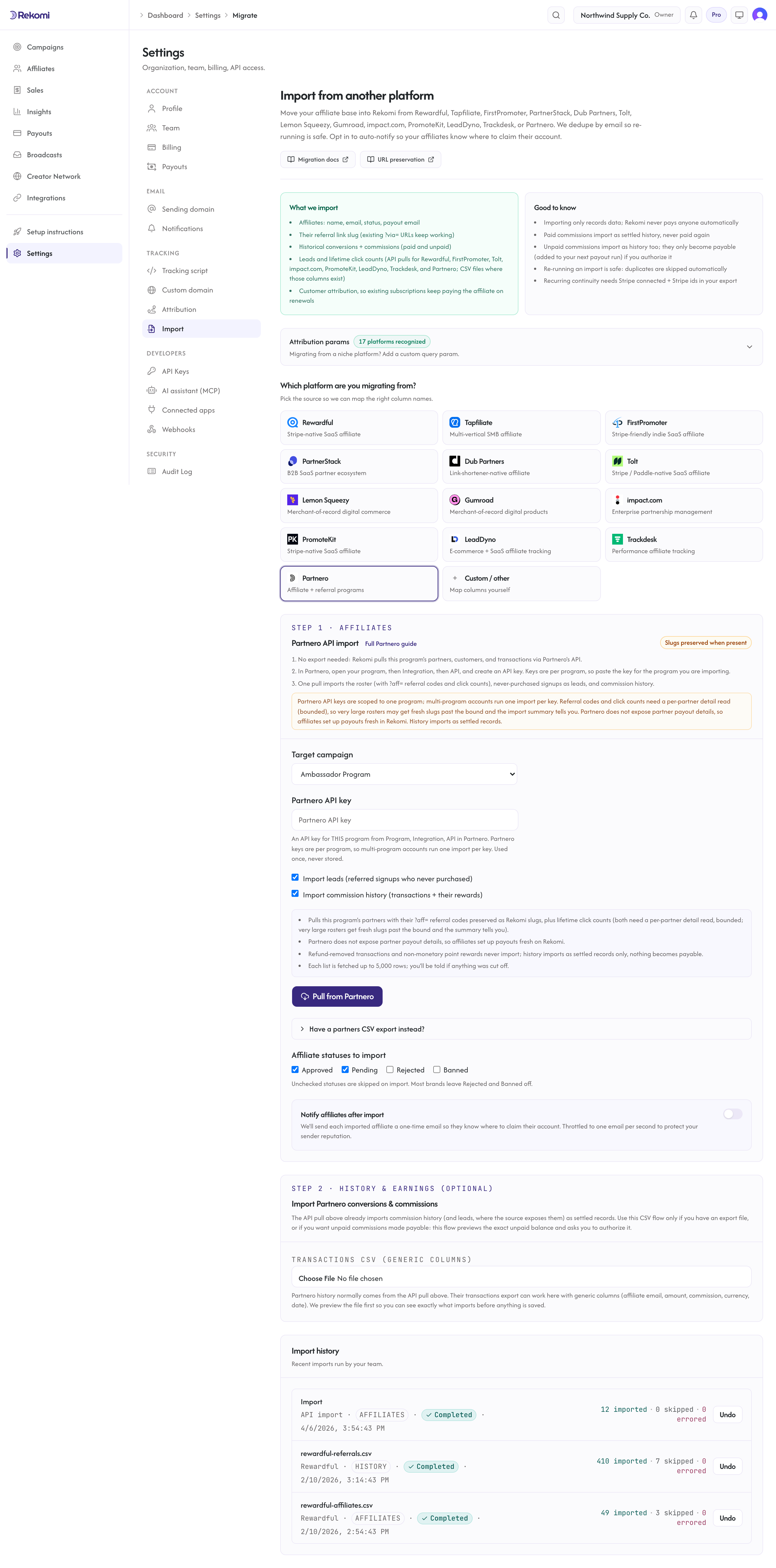 The Partnero import step in Rekomi with the per-program API key field, the leads and history toggles, and the Pull from Partnero button