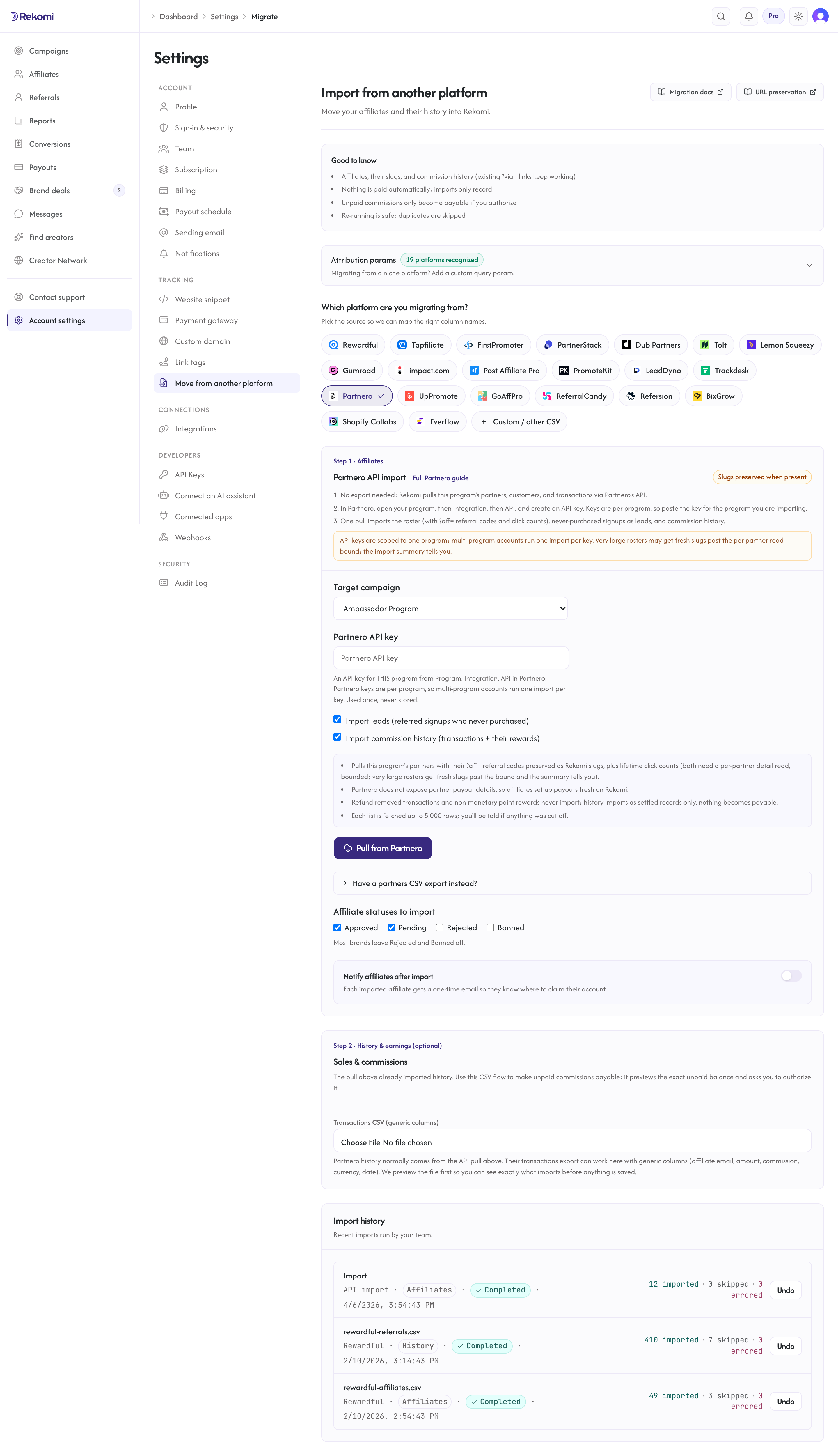 The Partnero import step in Rekomi with the per-program API key field, the leads and history toggles, and the Pull from Partnero button