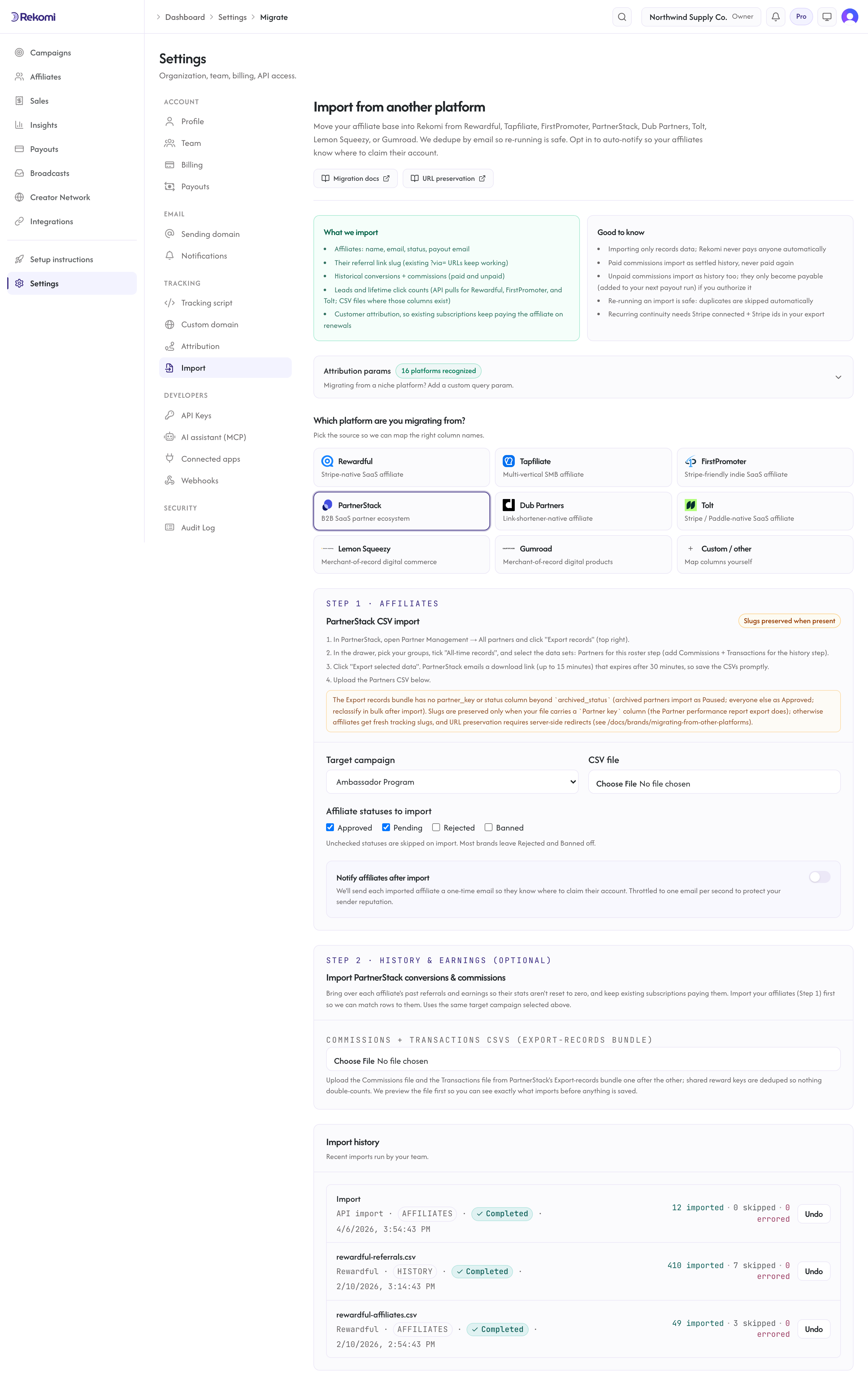 The PartnerStack import step in Rekomi with the export steps, the target campaign select, and the CSV file input