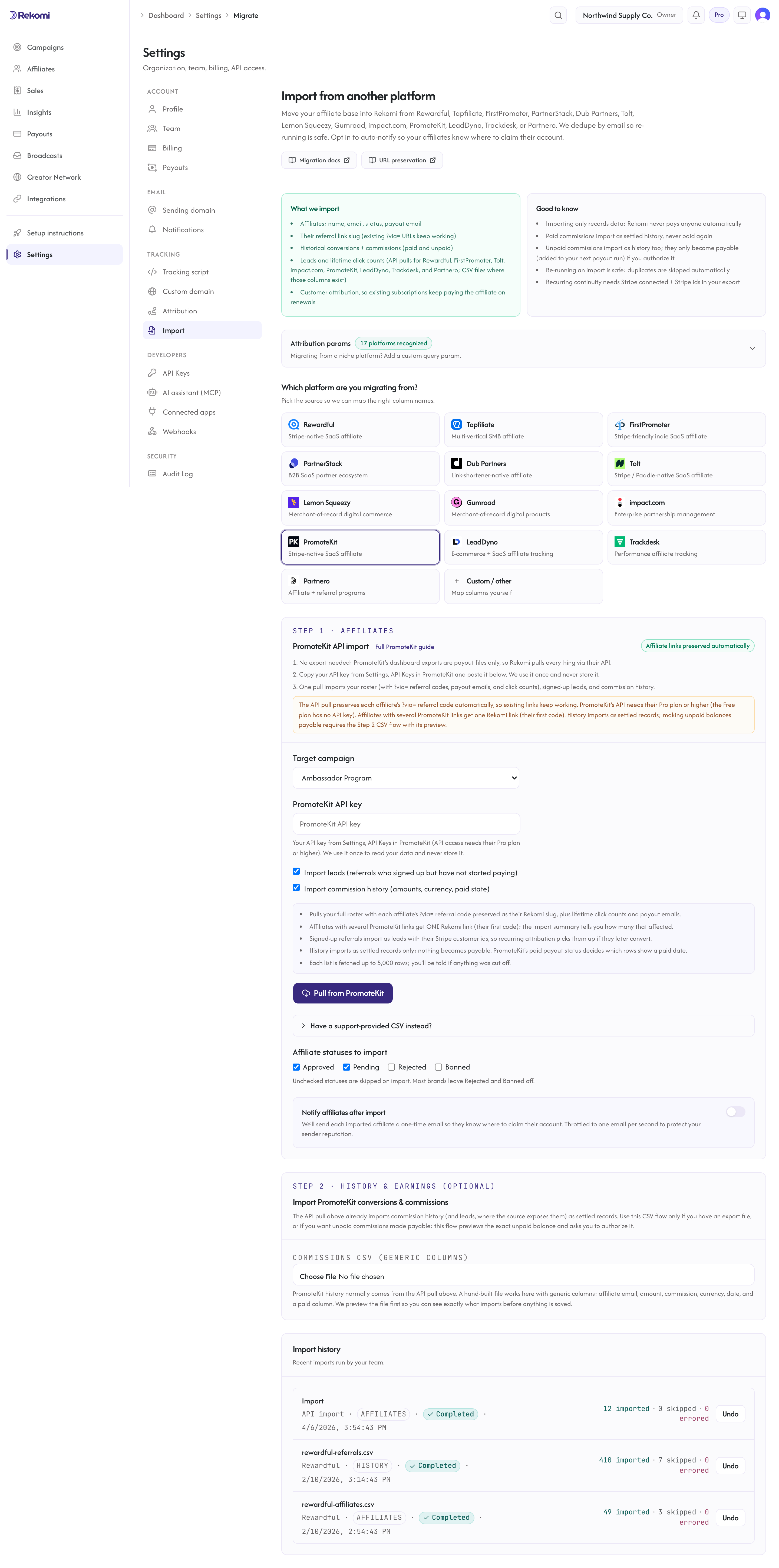 The PromoteKit import step in Rekomi with the API key field, the leads and history toggles, and the Pull from PromoteKit button