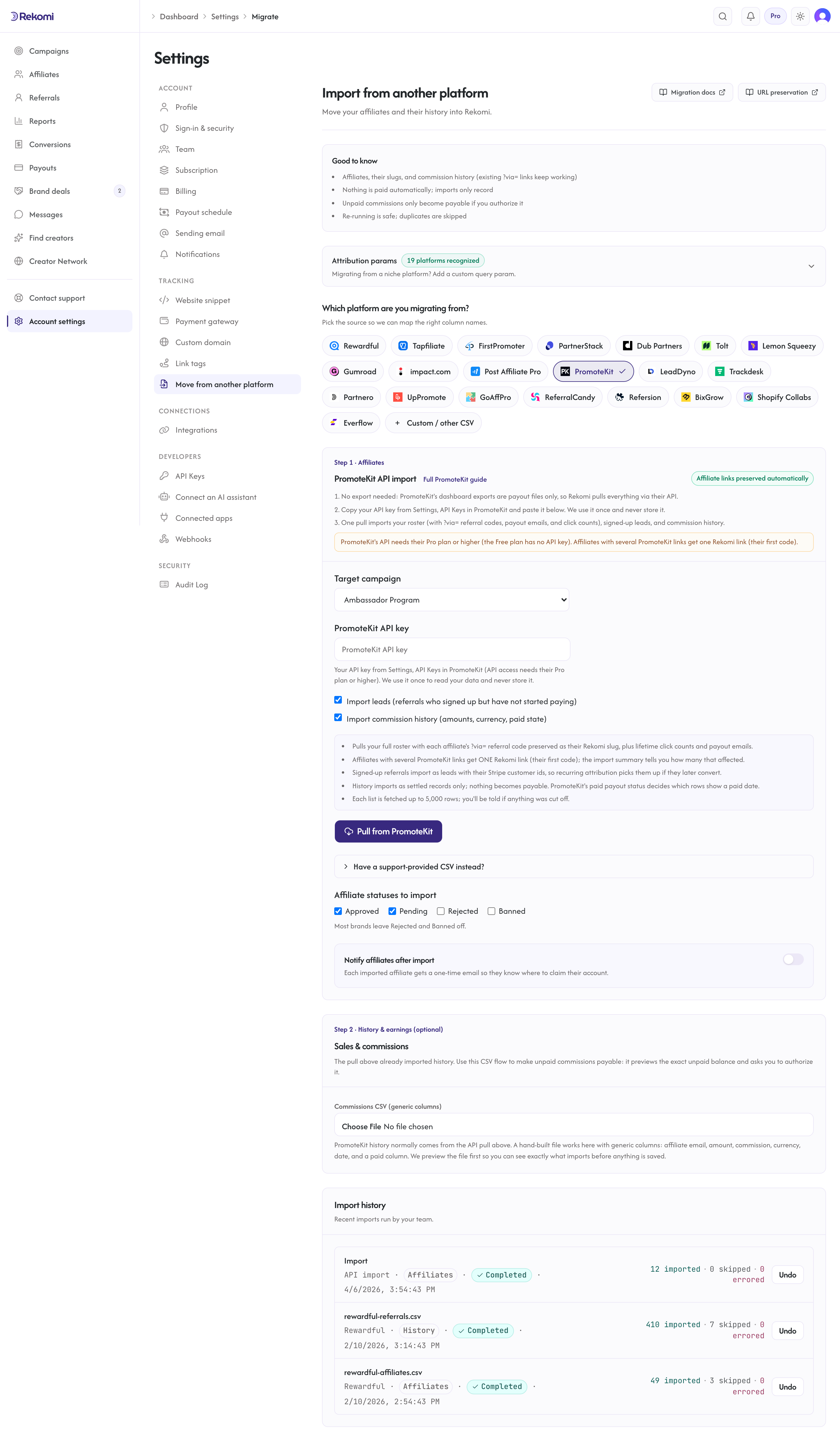 The PromoteKit import step in Rekomi with the API key field, the leads and history toggles, and the Pull from PromoteKit button
