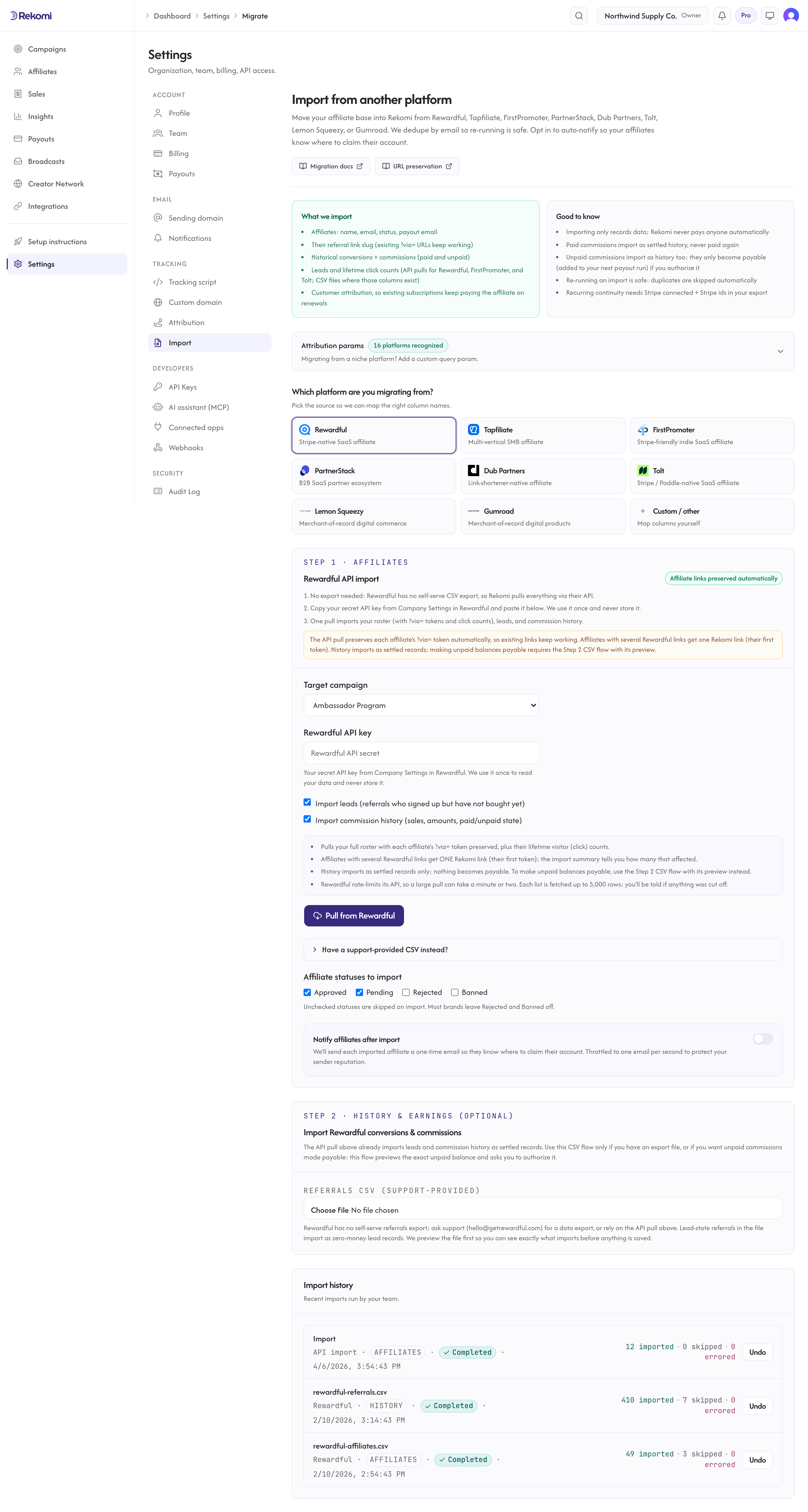 The Rewardful import step in Rekomi with the API key field, the leads and history toggles, and the Pull from Rewardful button
