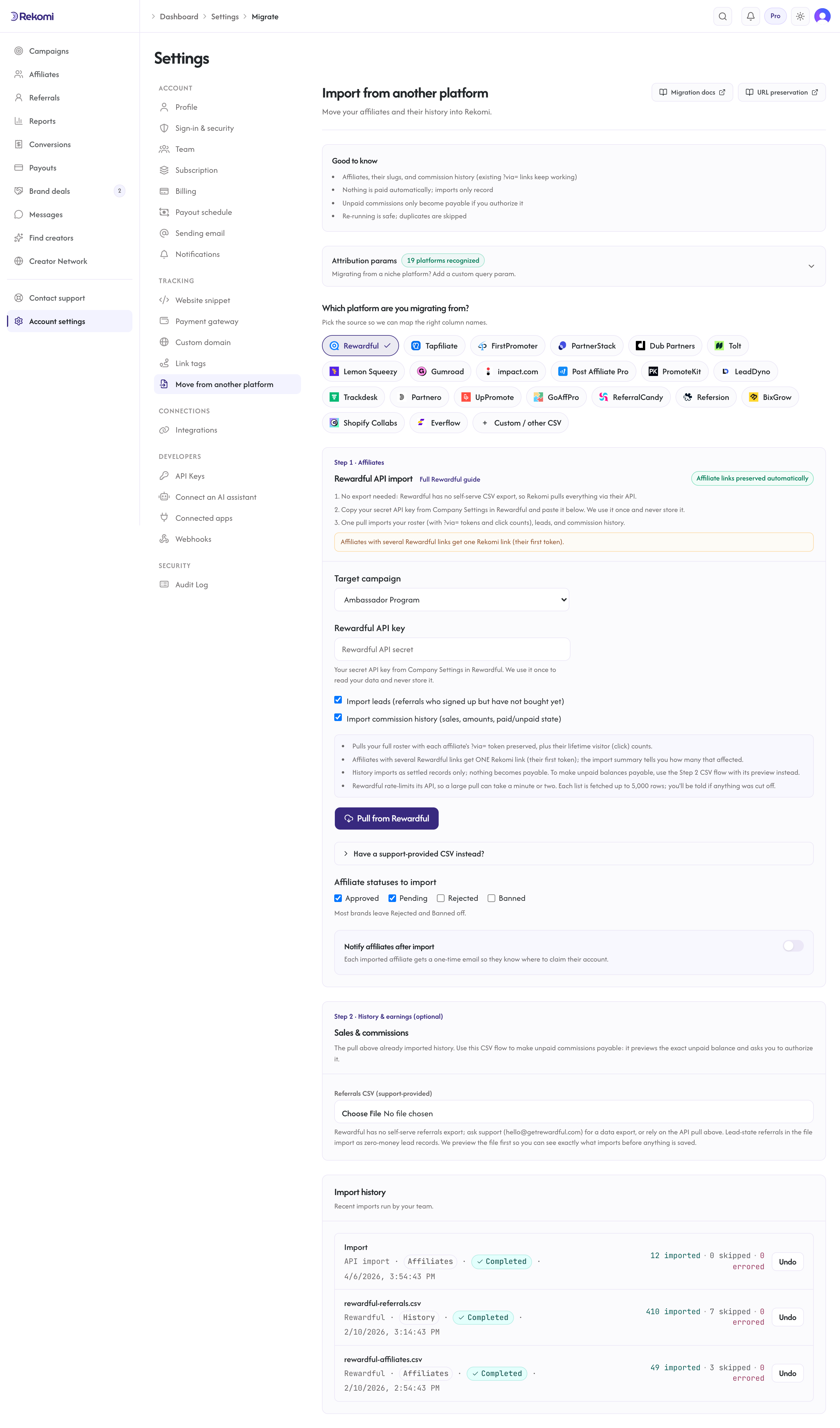 The Rewardful import step in Rekomi with the API key field, the leads and history toggles, and the Pull from Rewardful button