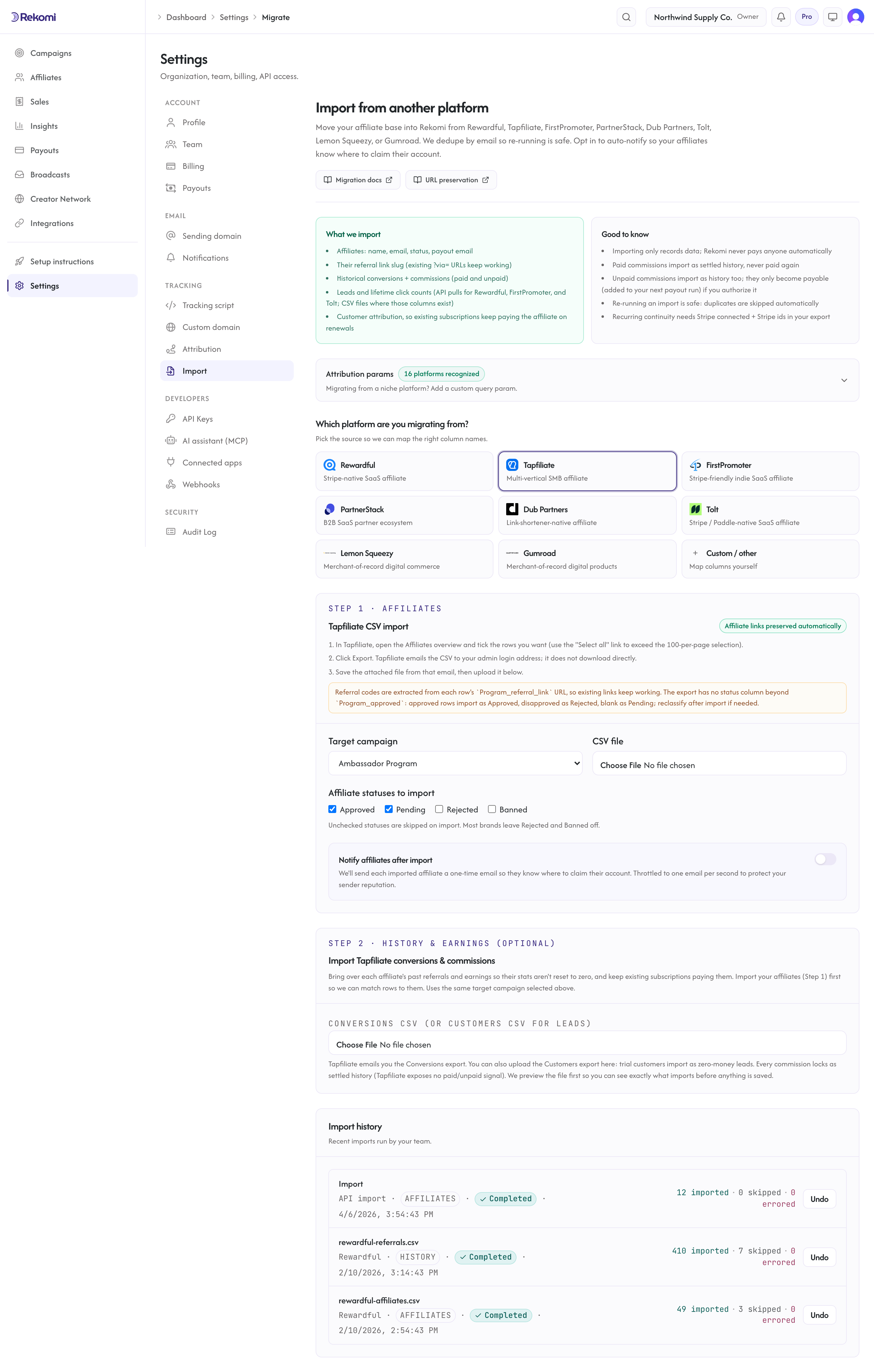 The Tapfiliate import step in Rekomi with the emailed CSV export steps, the target campaign select, and the CSV file input