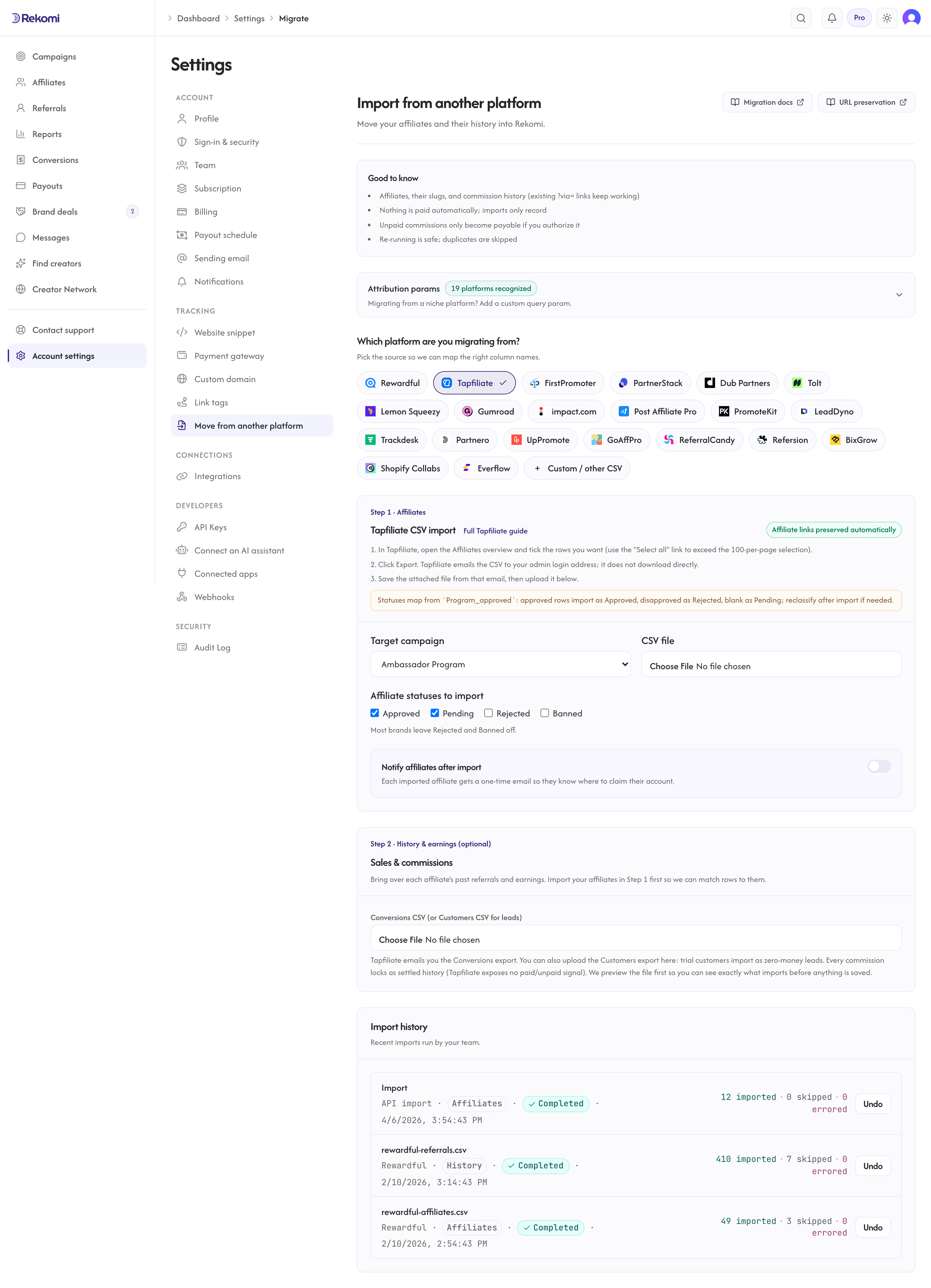 The Tapfiliate import step in Rekomi with the emailed CSV export steps, the target campaign select, and the CSV file input