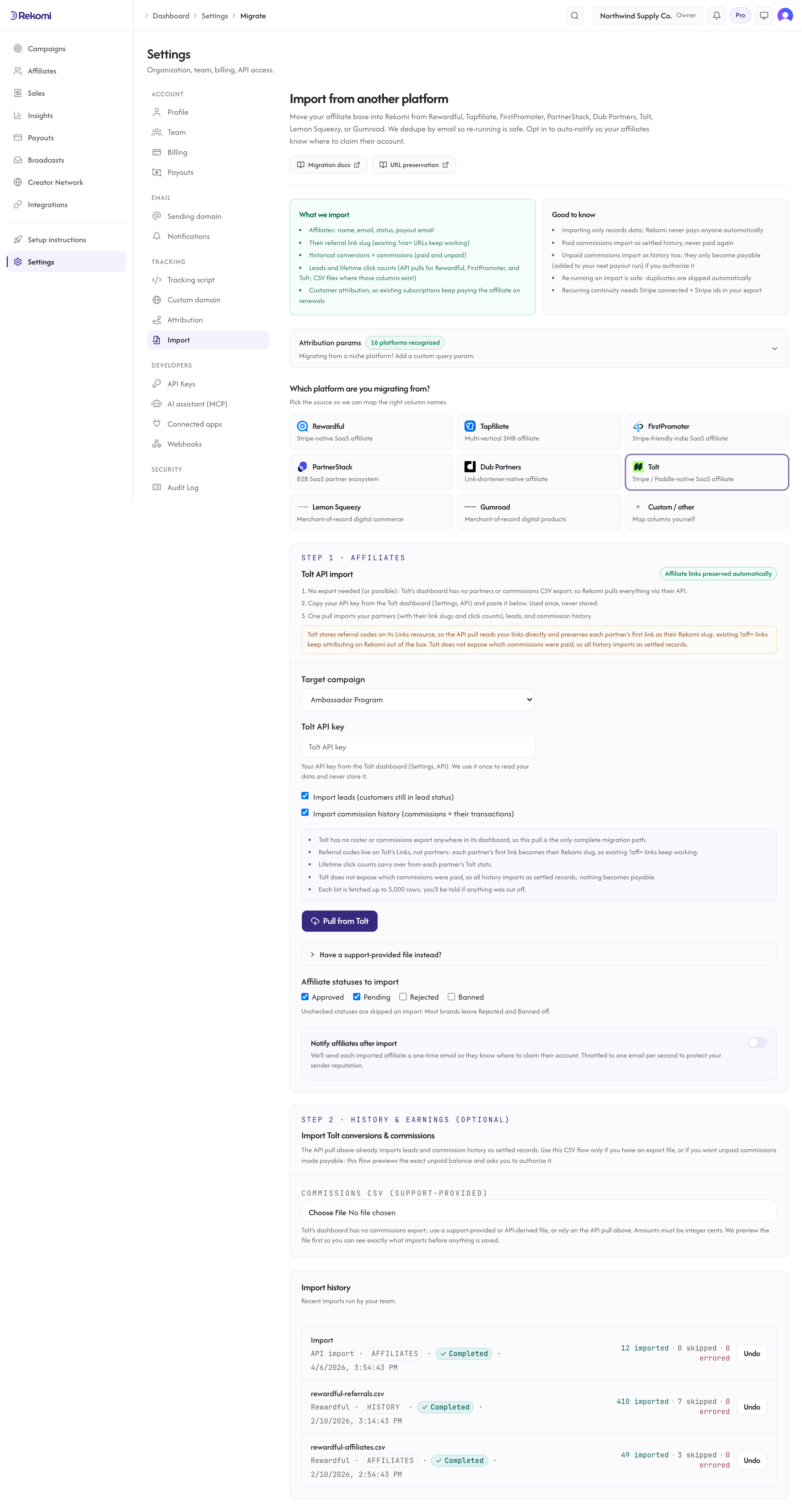The Tolt import step in Rekomi with the API key field, the leads and history toggles, and the Pull from Tolt button