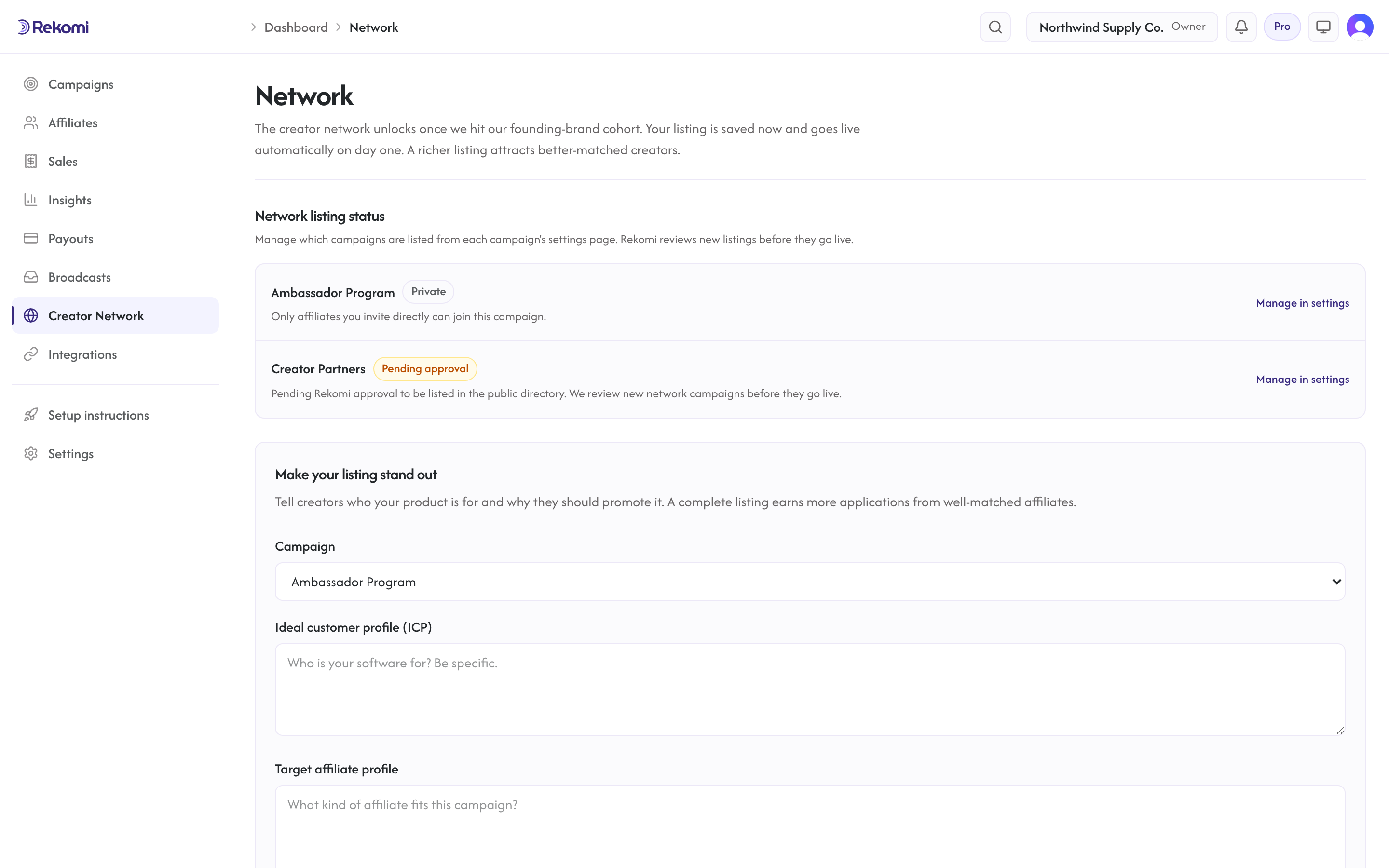 The network page showing listing details and review status