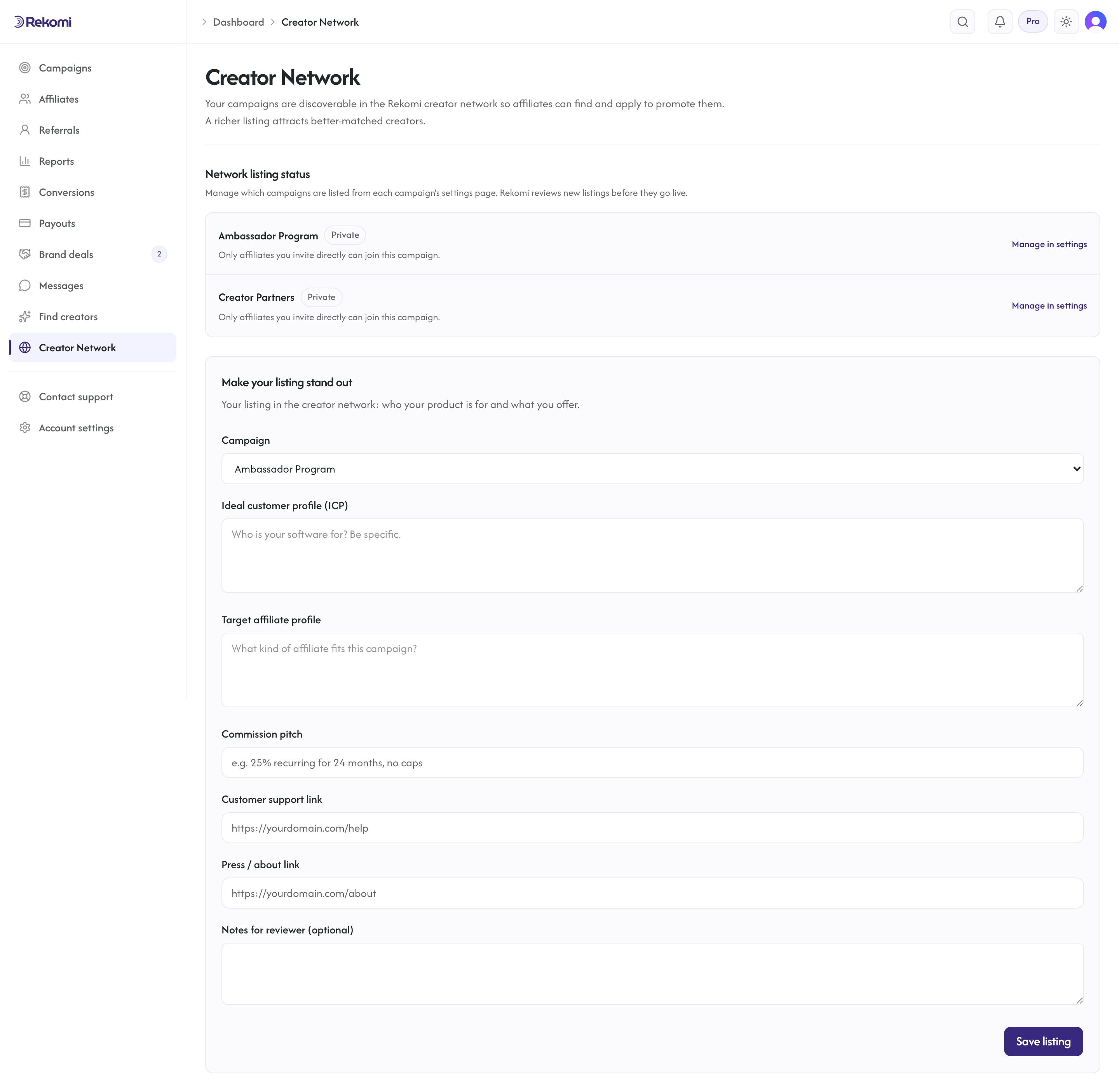 The network page showing listing details and review status