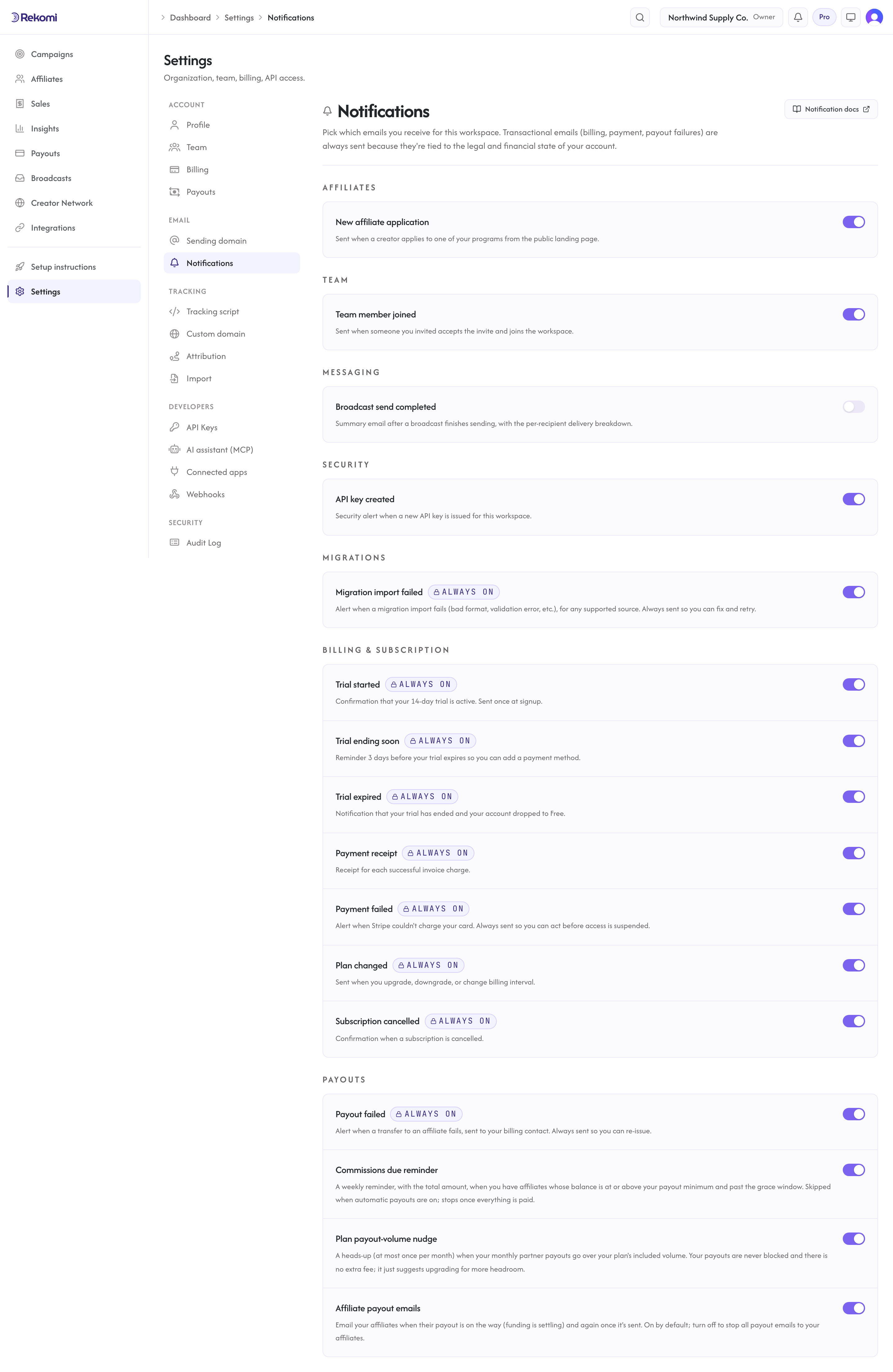 The notification settings page with per-event toggles and always-on badges