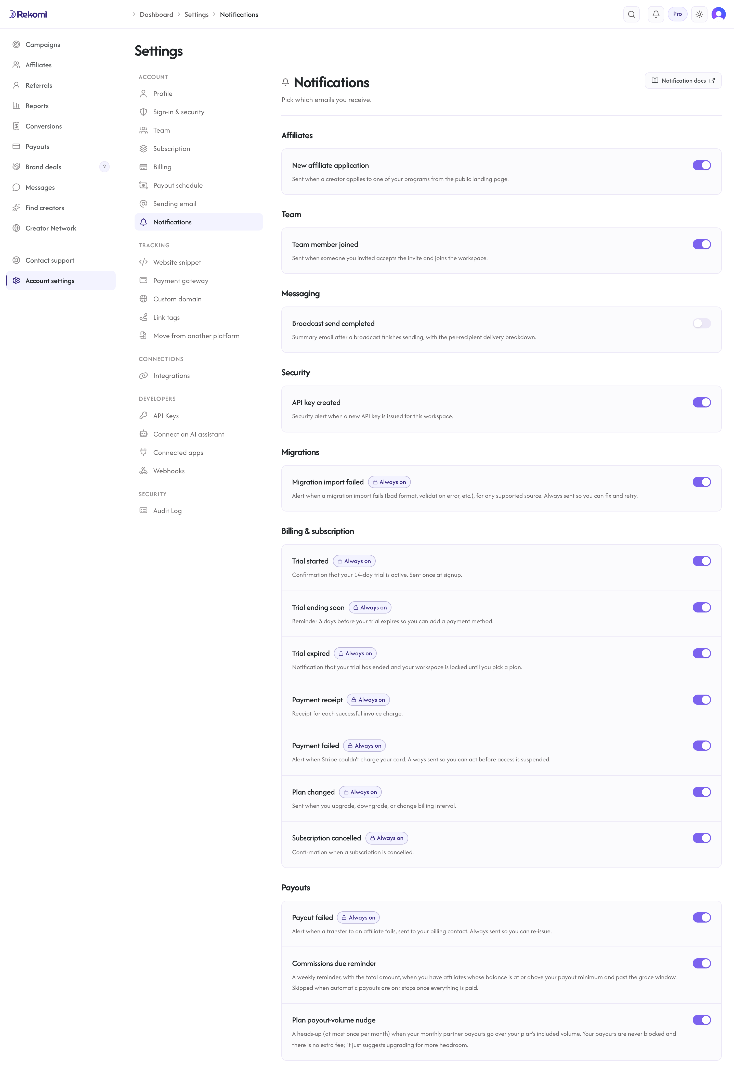 The notification settings page with per-event toggles and always-on badges