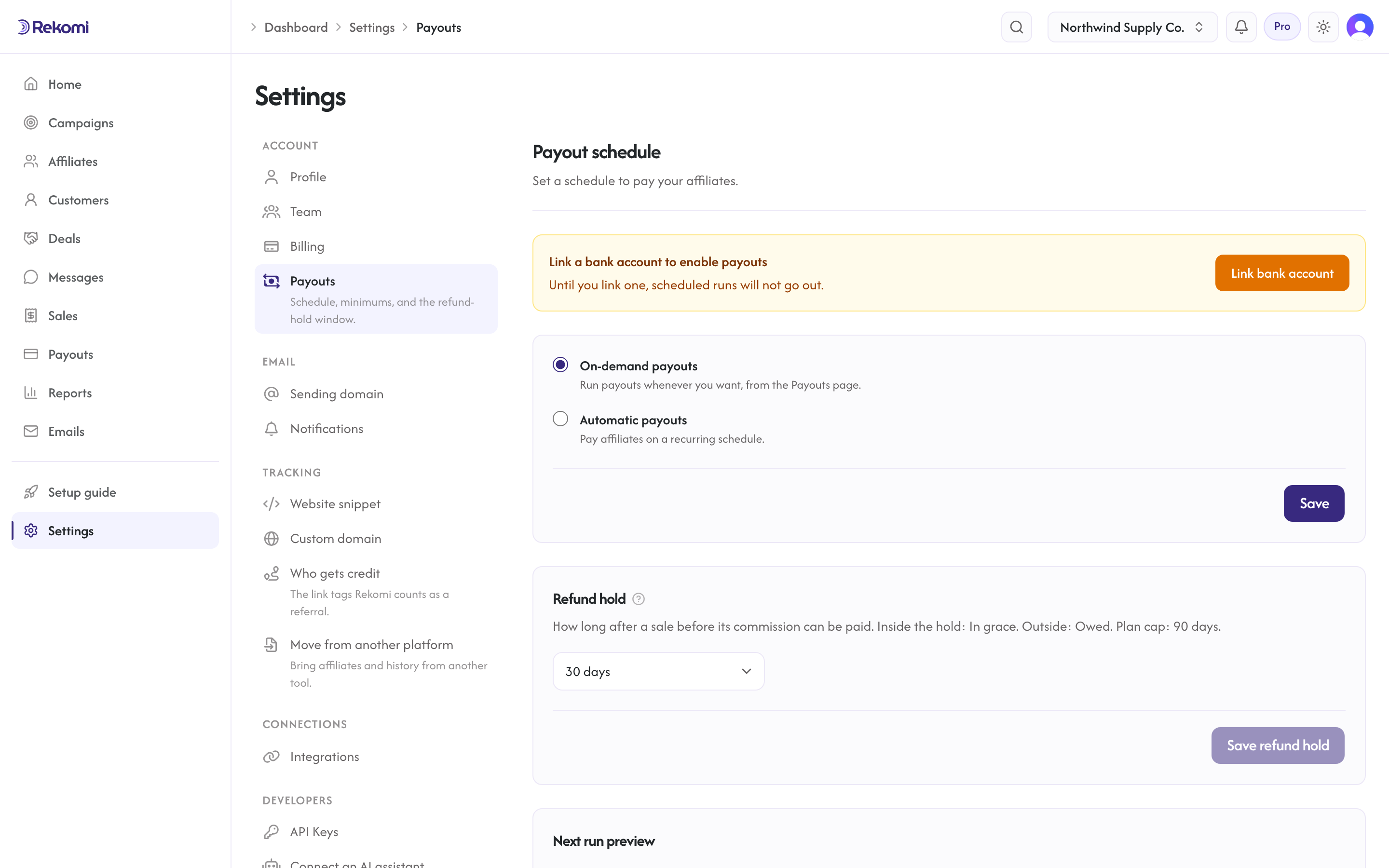 The payout schedule settings with on-demand vs automatic modes and the grace window selector
