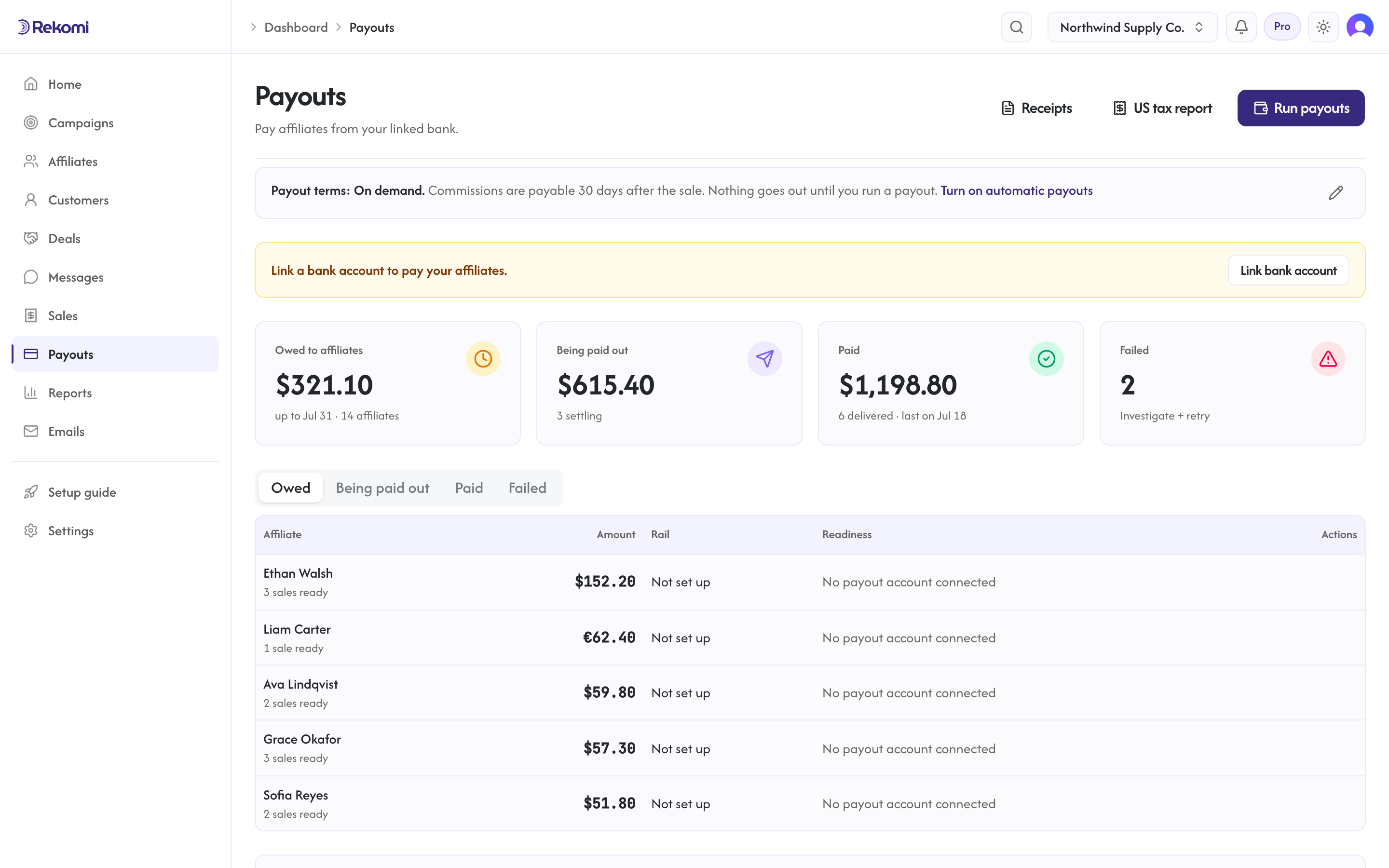 The Payouts page with owed, being paid out, paid, and failed summary cards above the payout table