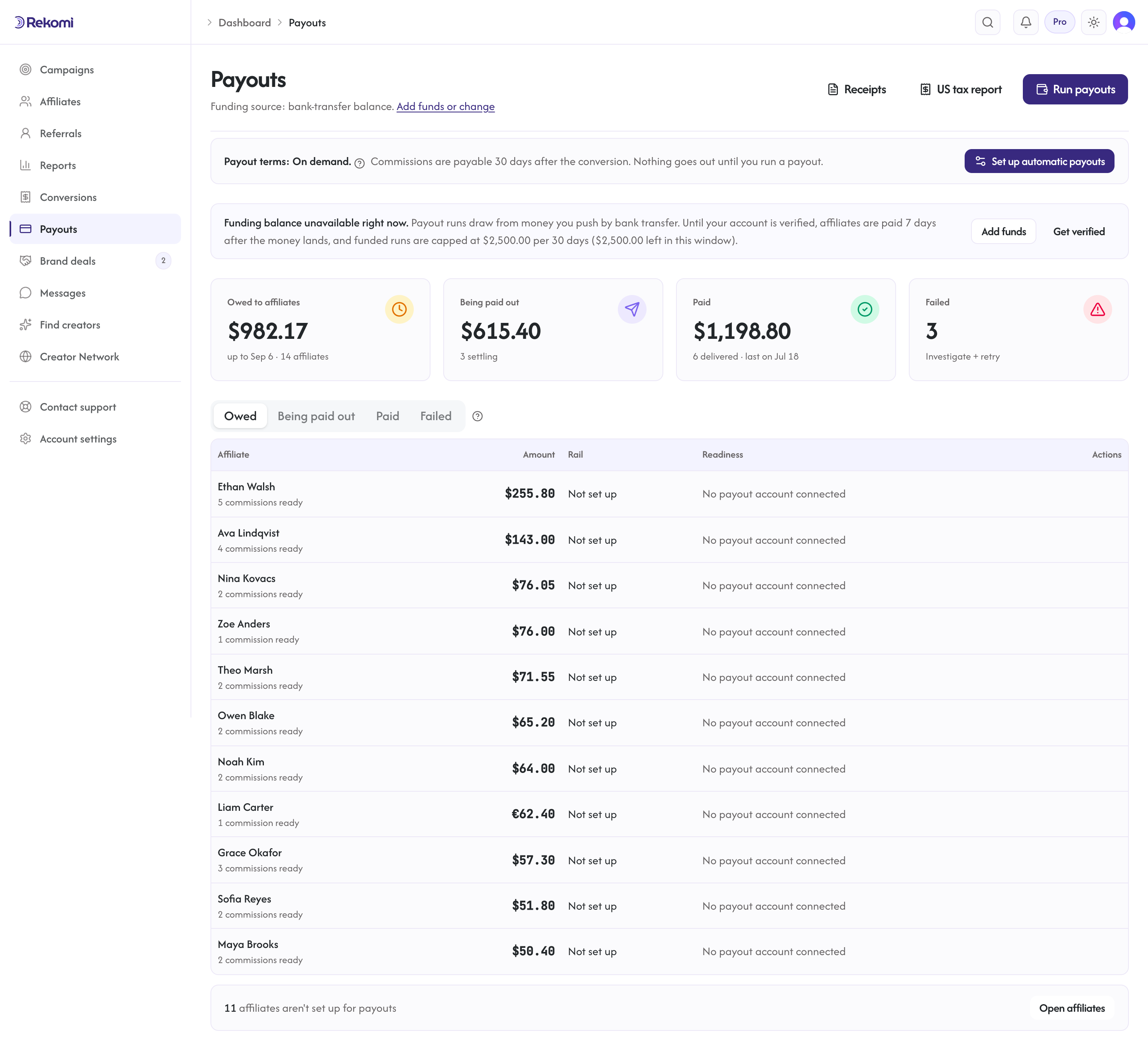 The Payouts page with owed, being paid out, paid, and failed summary cards above the payout table