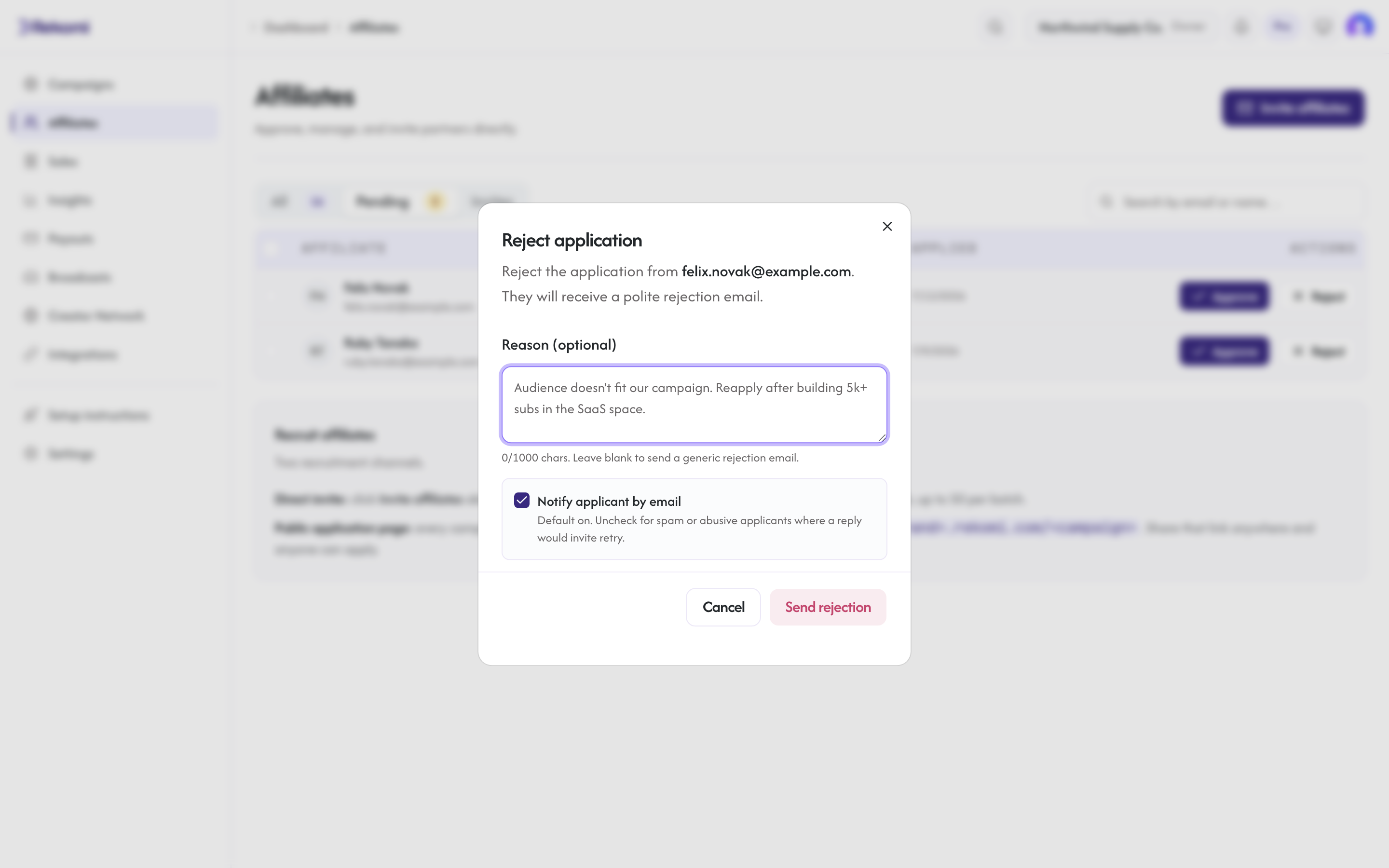 The reject dialog with an optional reason field and the notify-applicant checkbox