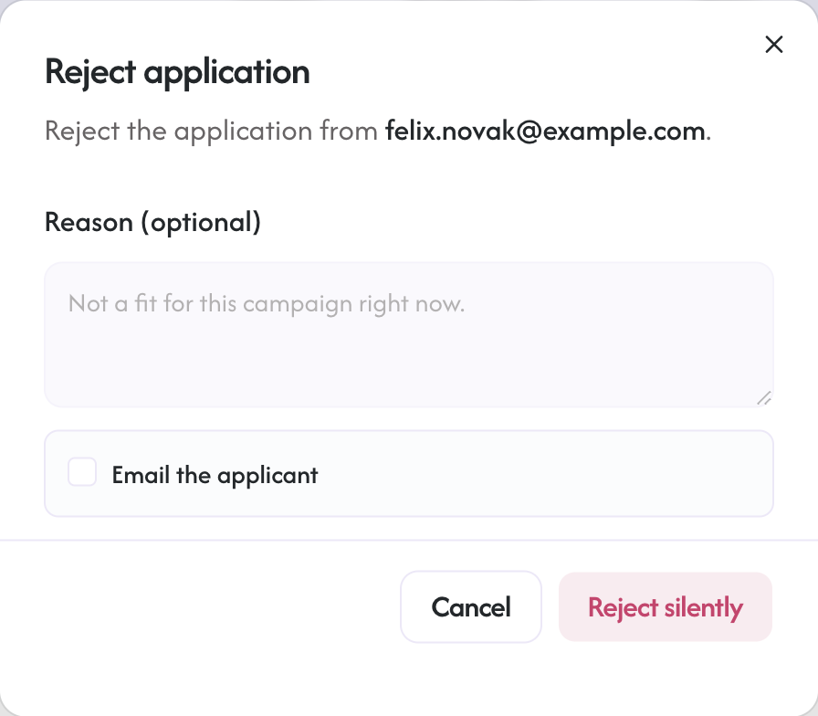 The reject dialog with an optional reason field and the notify-applicant checkbox