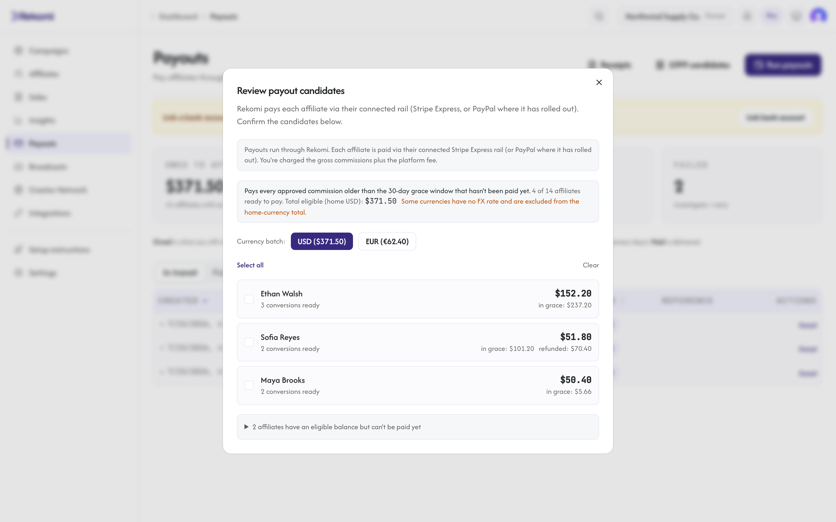 The run-payout dialog with candidates selected and the gross, platform fee, and affiliates-receive breakdown