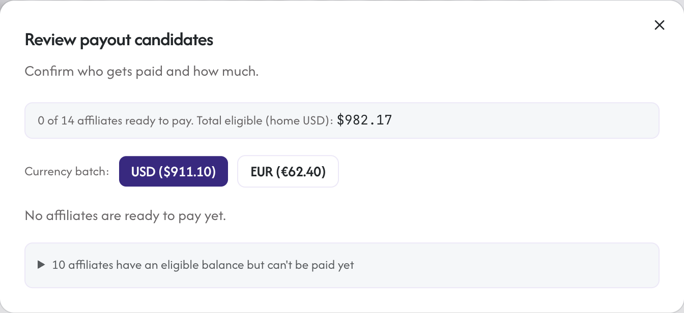 The run-payout dialog with candidates selected and the gross, platform fee, and affiliates-receive breakdown