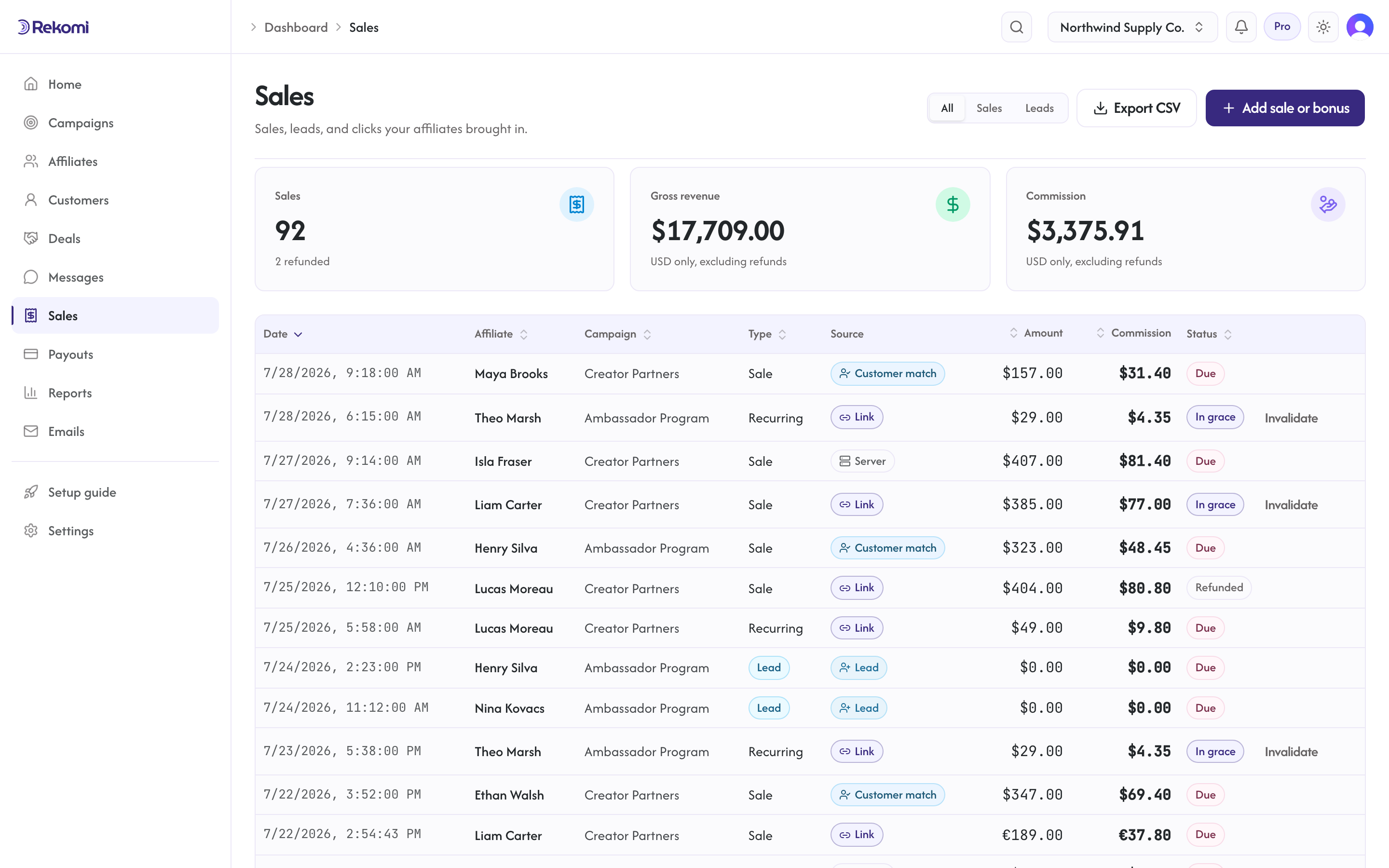 The Conversions page with summary cards and a table of sales, leads, and recurring rows with source and status pills