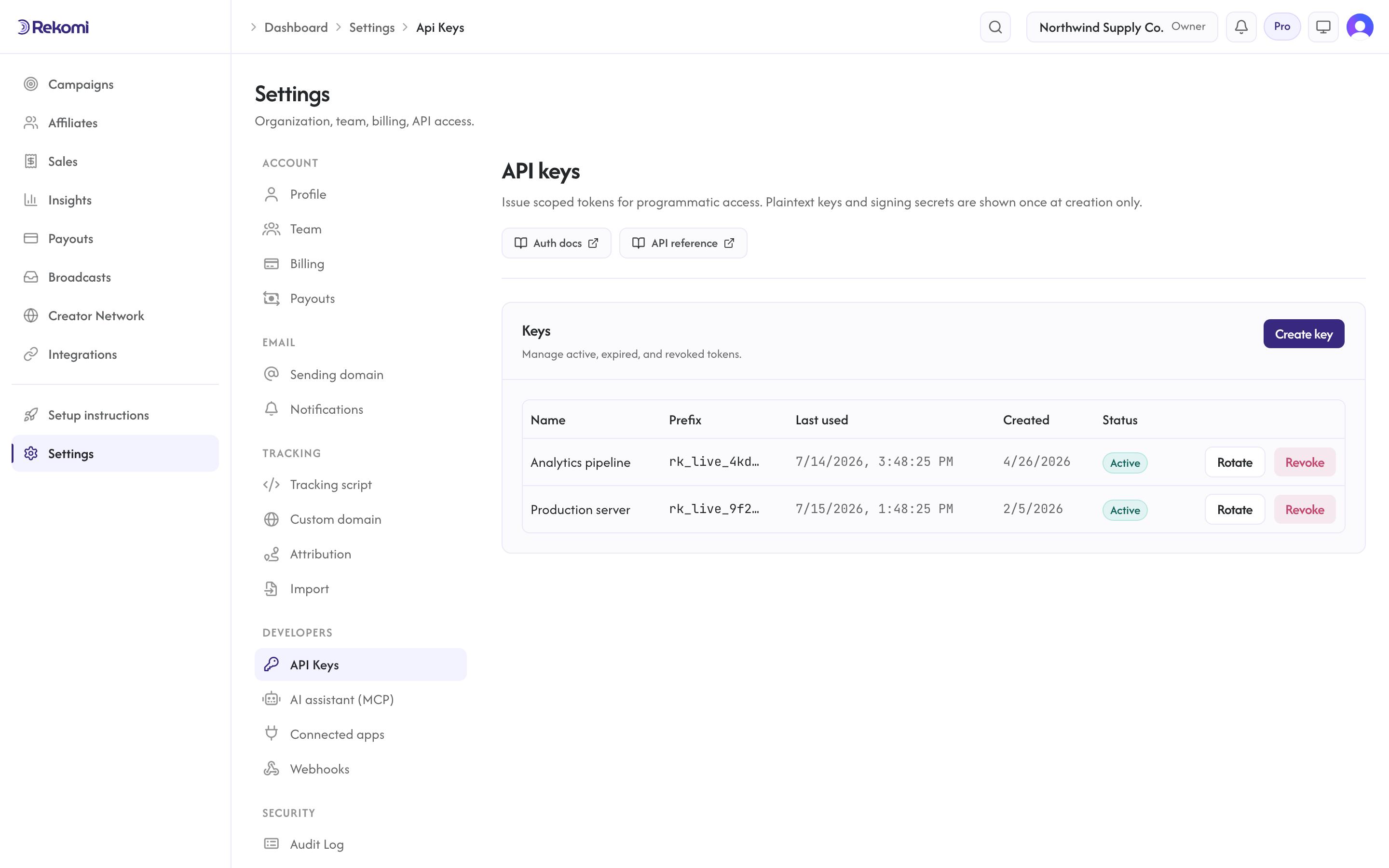 The API keys settings page listing keys with their prefixes, last-used dates, and status