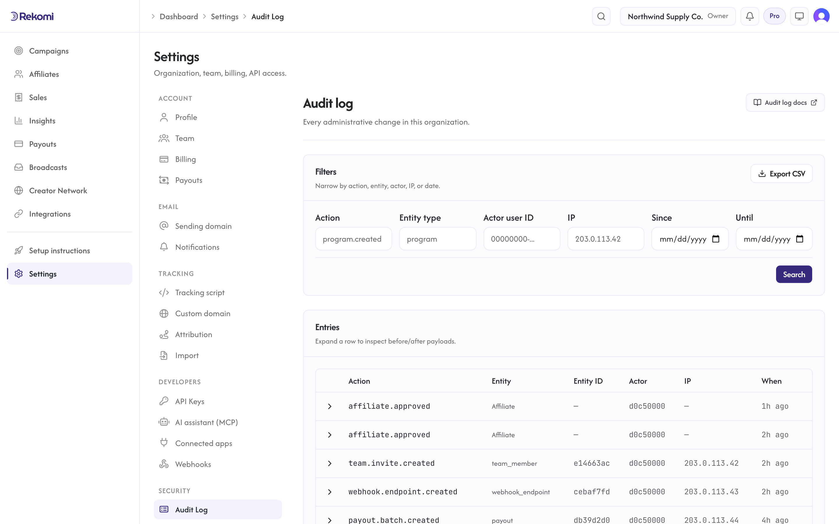 The audit log with filterable admin actions