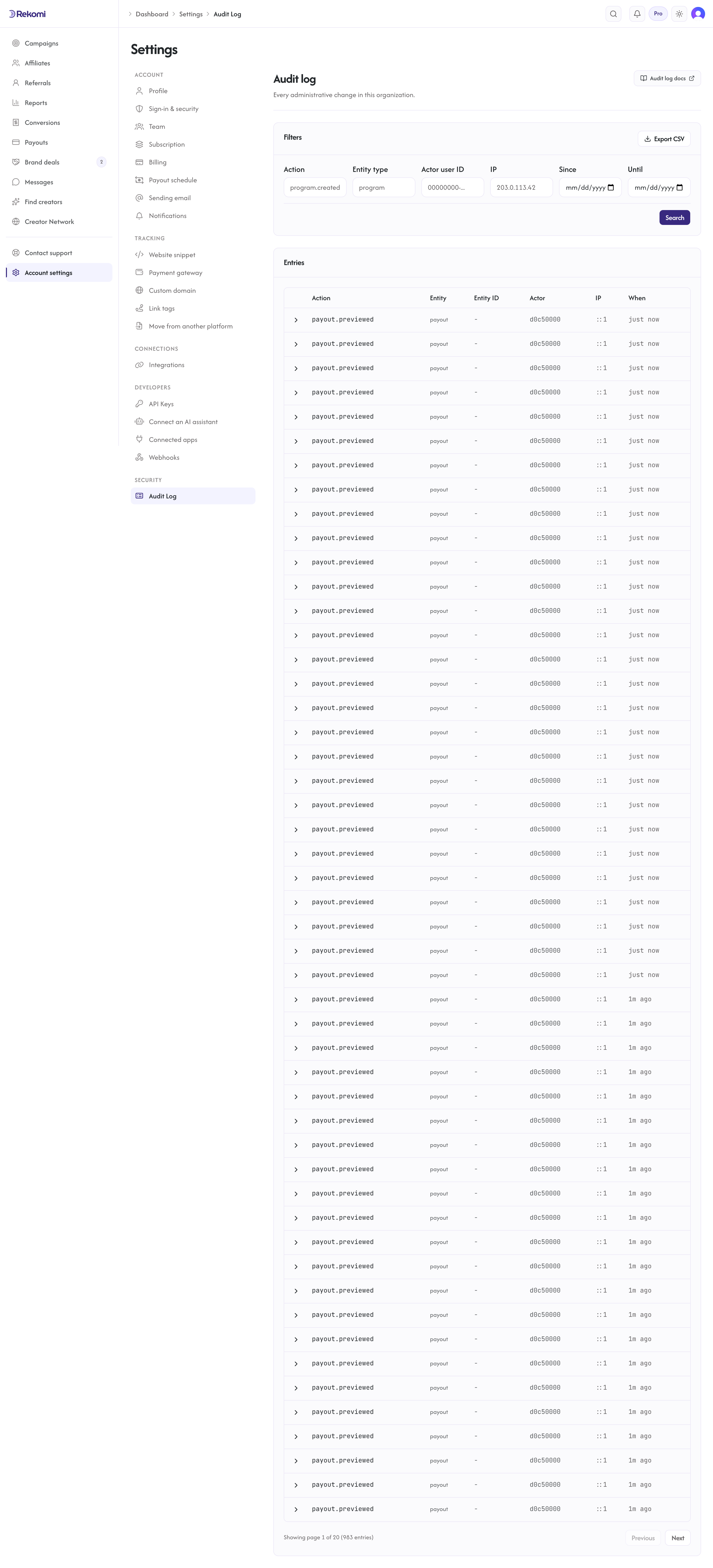 The audit log with filterable admin actions