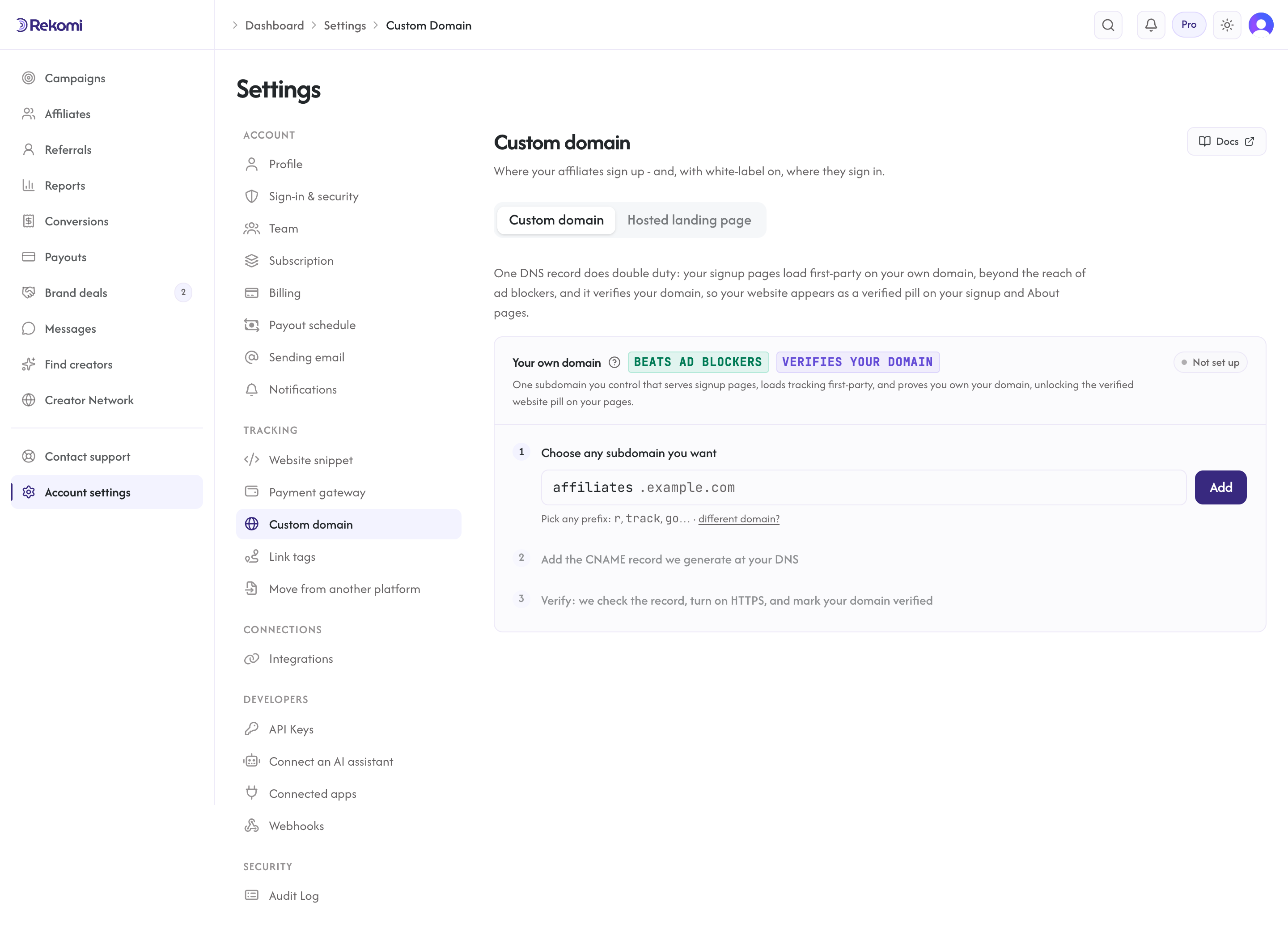 The custom domain settings page offering the one-click Add it for me option